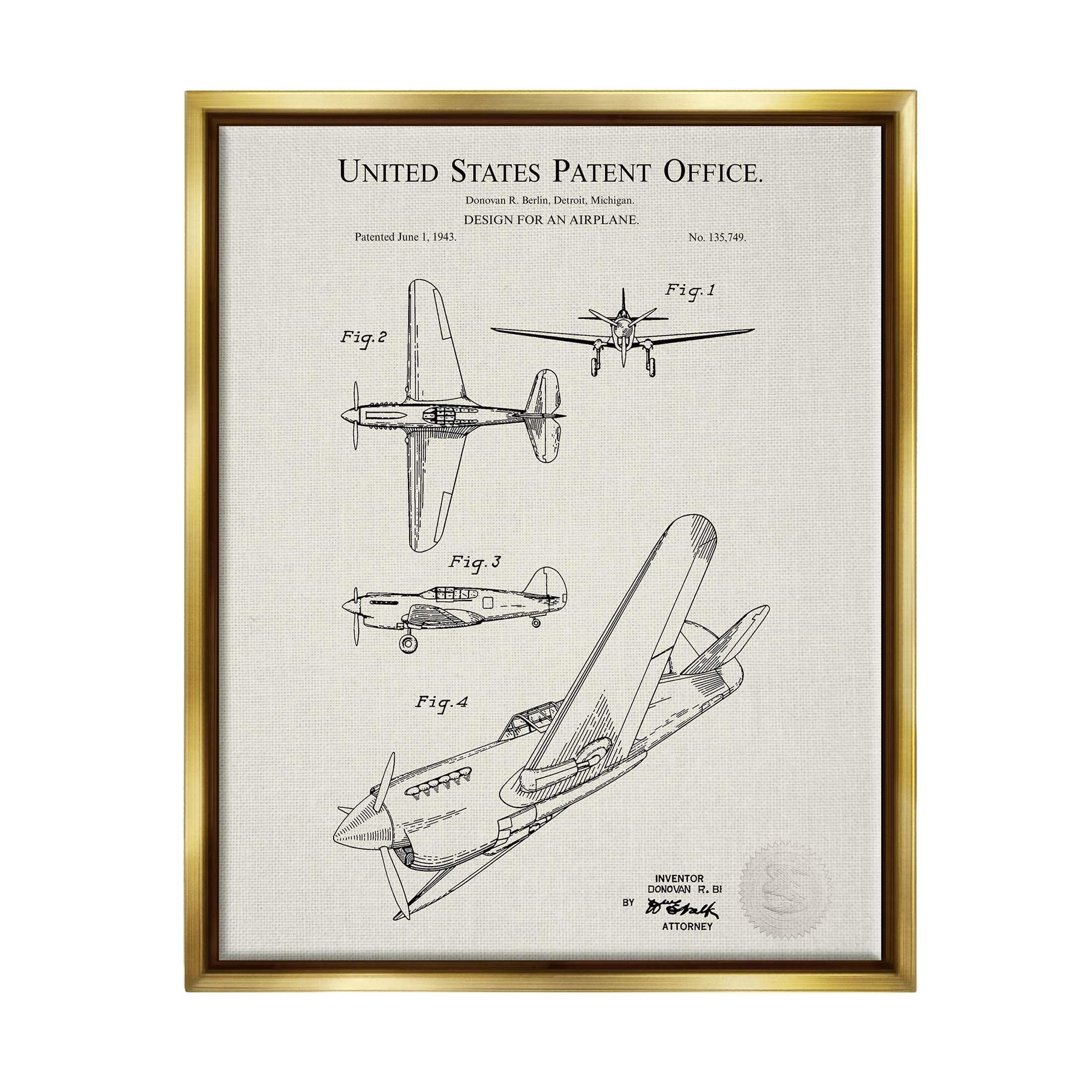 Stupell Industries Aircraft Patent Diagram Chart Graphic Art Metallic Gold Floating Framed Canvas Print Wall Art, Design by Karl Hronek