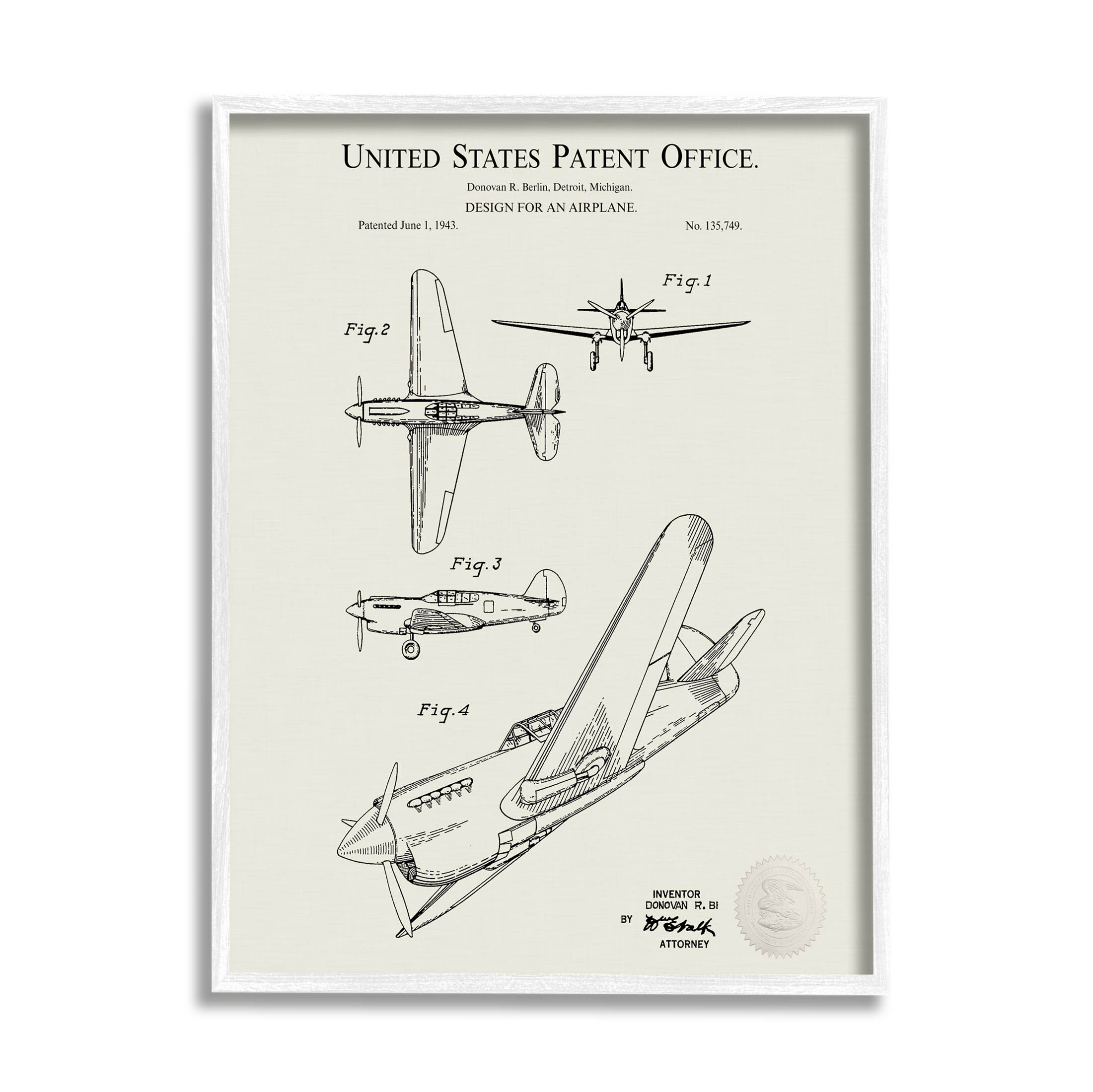 Stupell Industries Aircraft Patent Diagram Chart Graphic Art White Framed Art Print Wall Art, Design by Karl Hronek