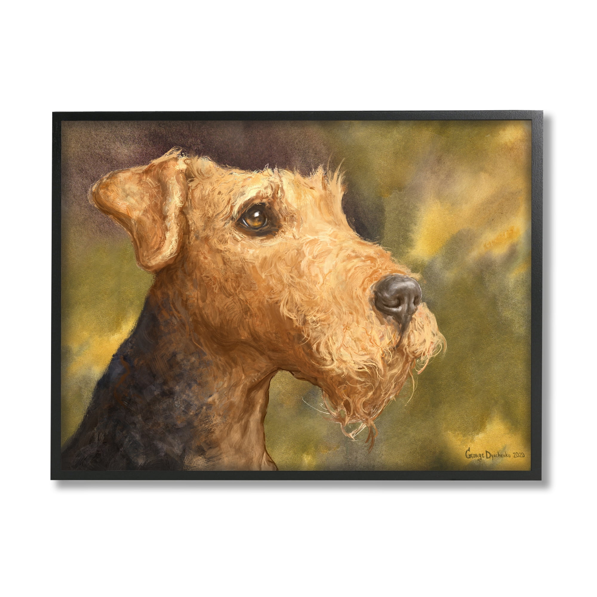 Stupell Industries Airedale Terrier Dog Watercolor Pet Portrait Green Brown Animals & Insects Painting Black Framed Art Print Wall Art, 11 x 14