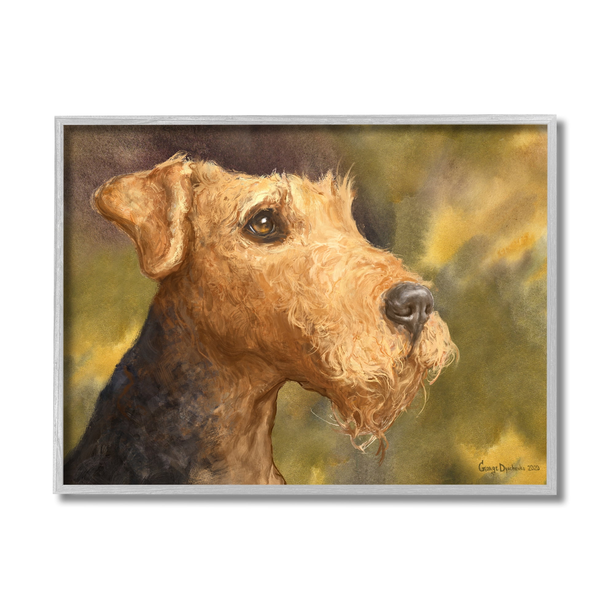 Stupell Industries Airedale Terrier Dog Watercolor Pet Portrait Green Brown Grey Framed, 16 x 20, Design by George Dyachenko