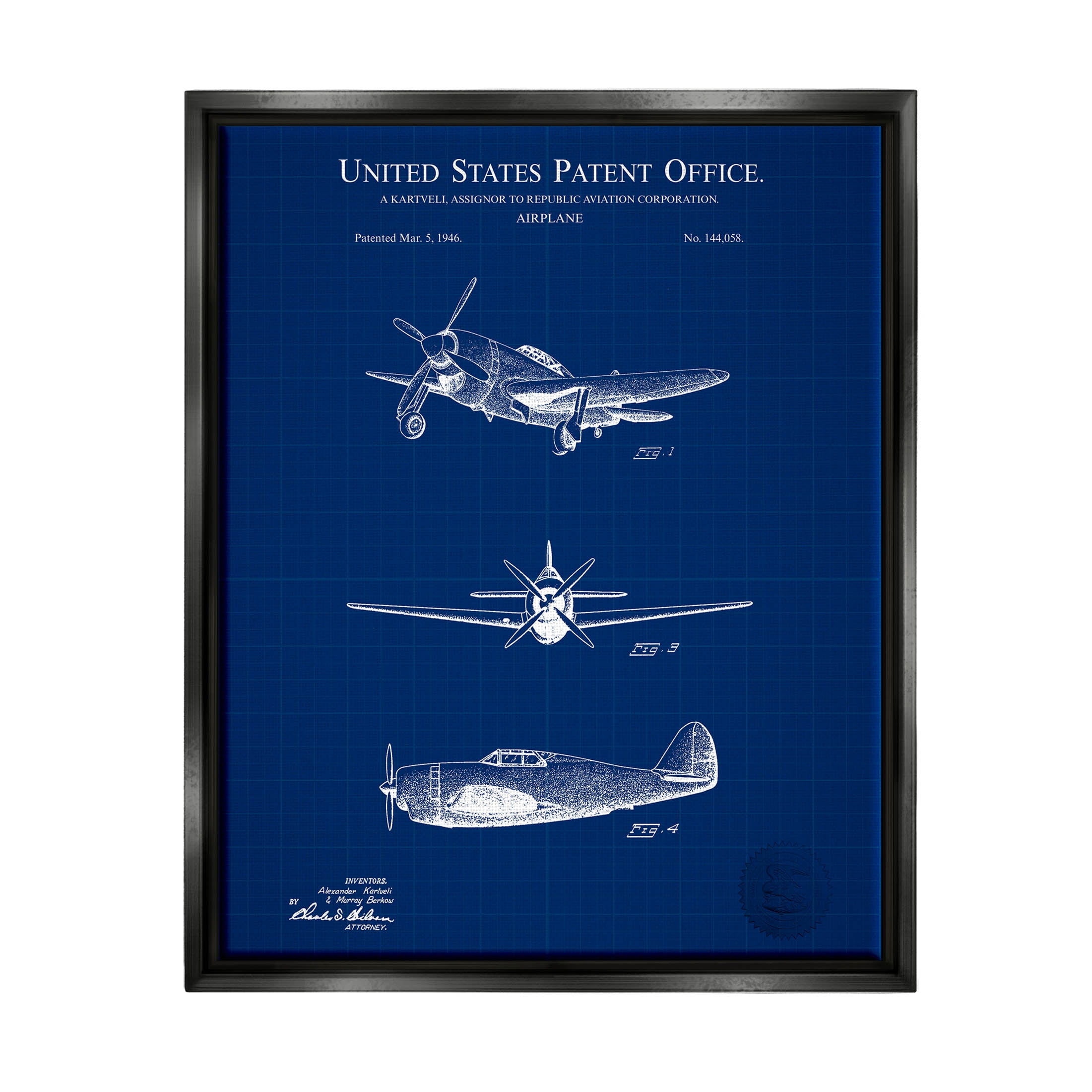 Stupell Industries Airplane Diagram Blueprint Chart Graphic Art Jet Black Floating Framed Canvas Print Wall Art, Design by Karl Hronek
