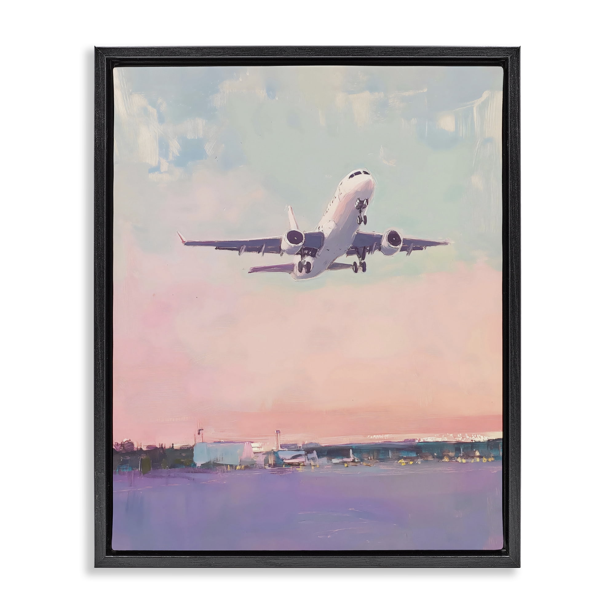 Stupell Industries Airplane Takeoff into Pastel Skies Black Framed Floater Canvas Wall Art, design by The Prints Vibe