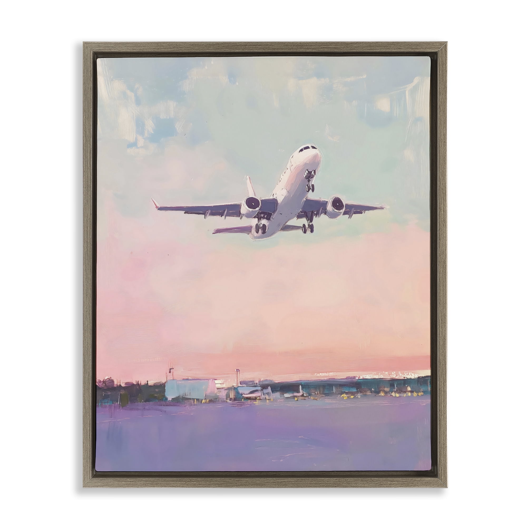 Stupell Industries Airplane Takeoff into Pastel Skies Brown Framed Floater Canvas Wall Art, design by The Prints Vibe