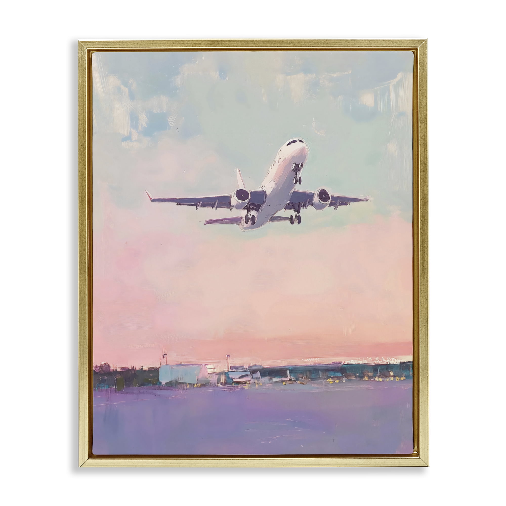 Stupell Industries Airplane Takeoff into Pastel Skies Gold Framed Floater Canvas Wall Art, design by The Prints Vibe