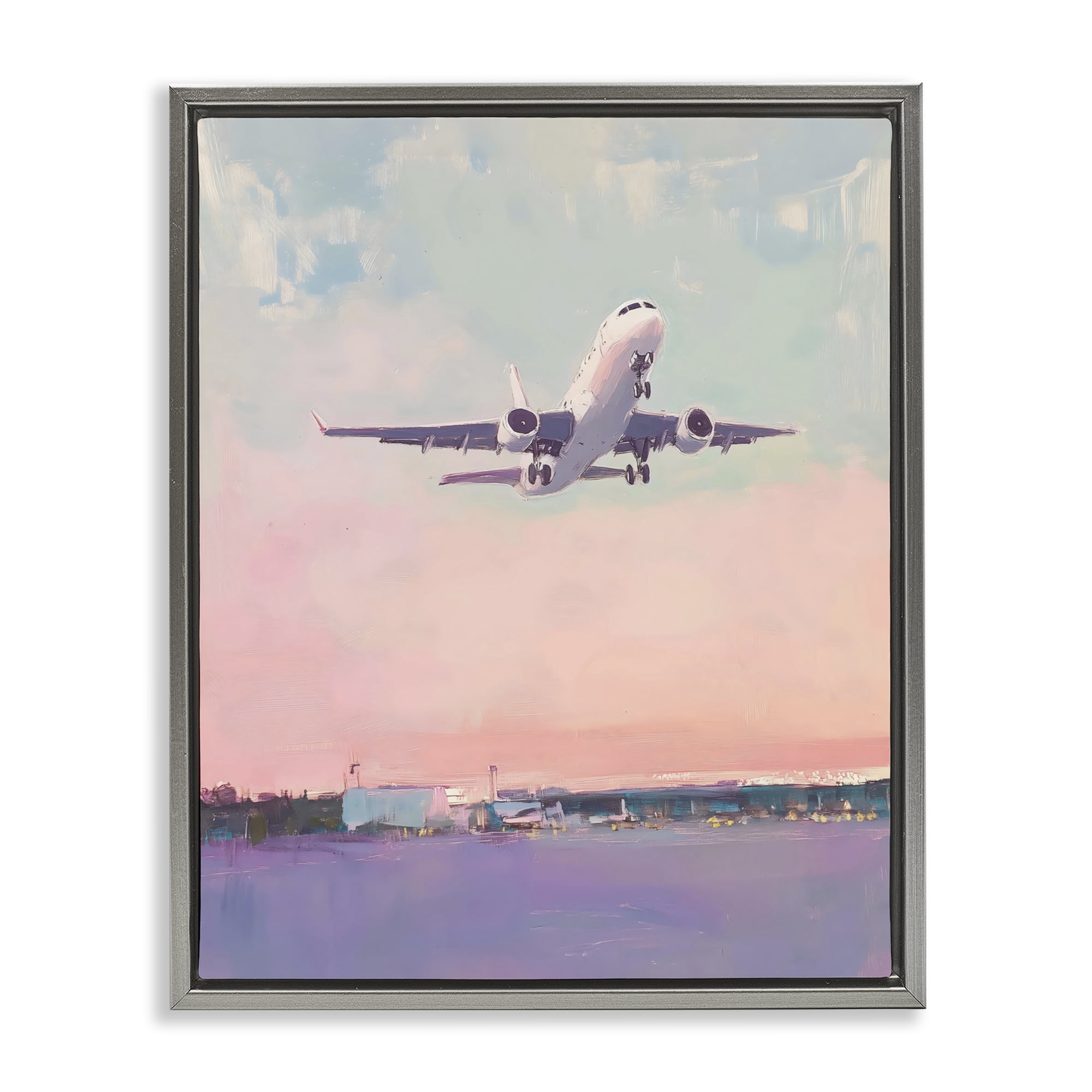 Stupell Industries Airplane Takeoff into Pastel Skies Gray Framed Floater Canvas Wall Art, design by The Prints Vibe