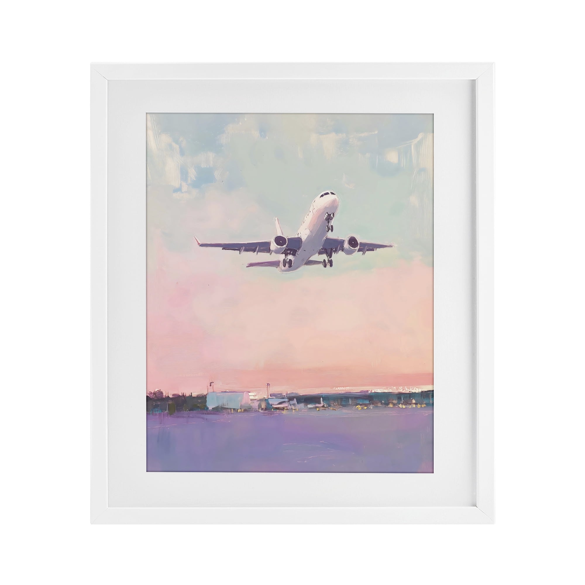 Stupell Industries Airplane Takeoff into Pastel Skies White Framed Print Under Glass, design by The Prints Vibe