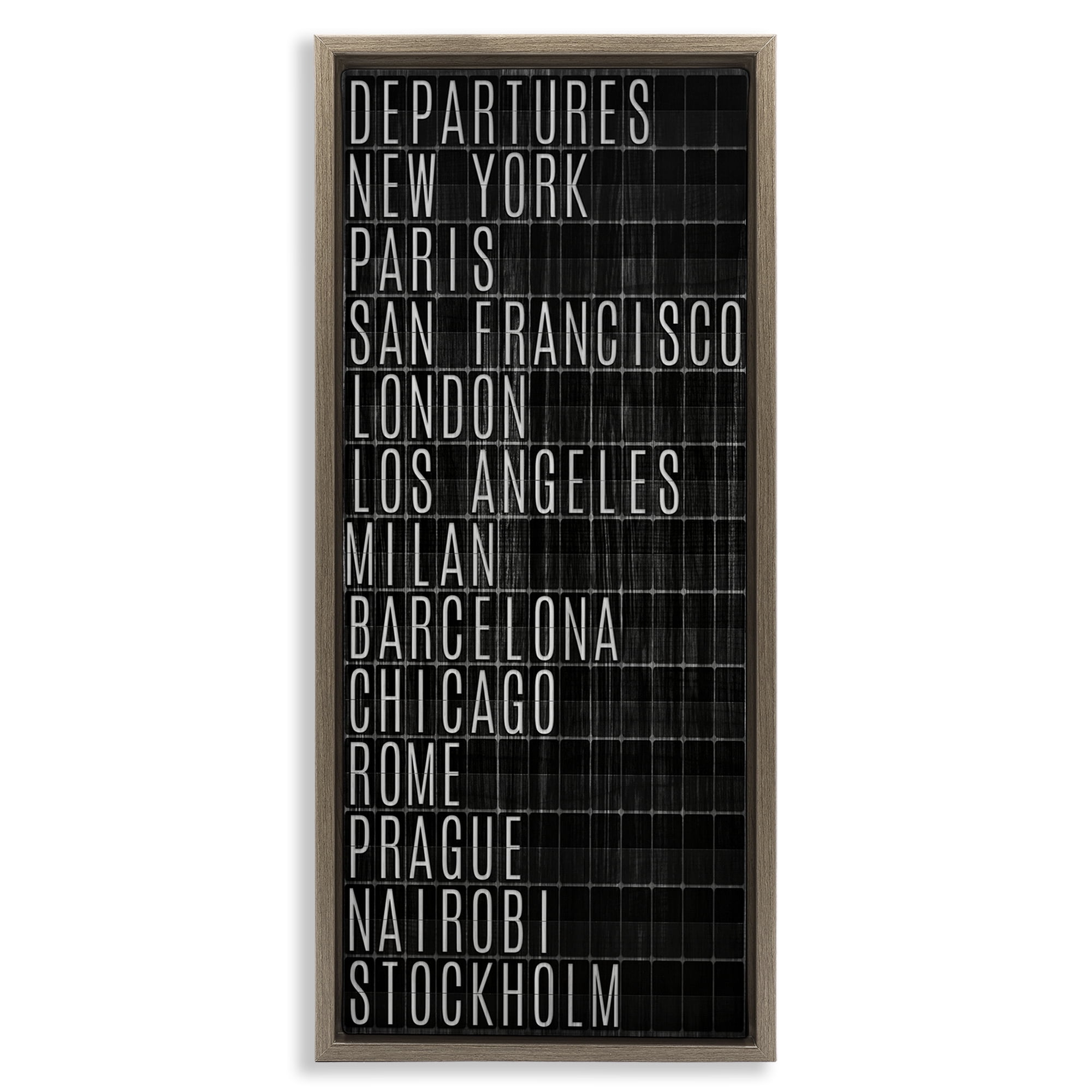 Stupell Industries Airport Departures Major Cities Cities & Countries Painting Brown Floater Framed Canvas Art Print Wall Art, 11 x 25