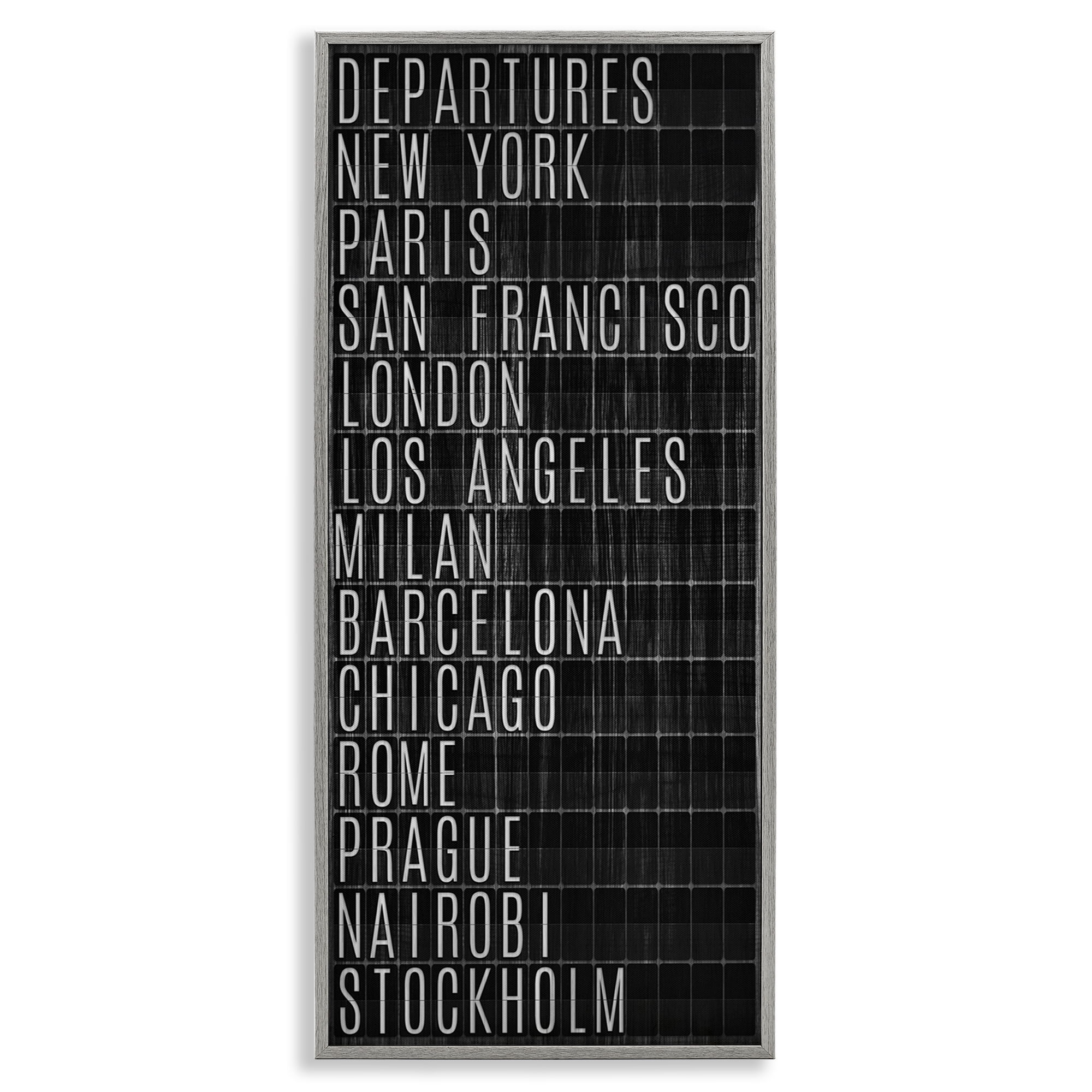 Stupell Industries Airport Departures Major Cities Cities & Countries Painting Gray Framed Art Print Wall Art, 13 x 30
