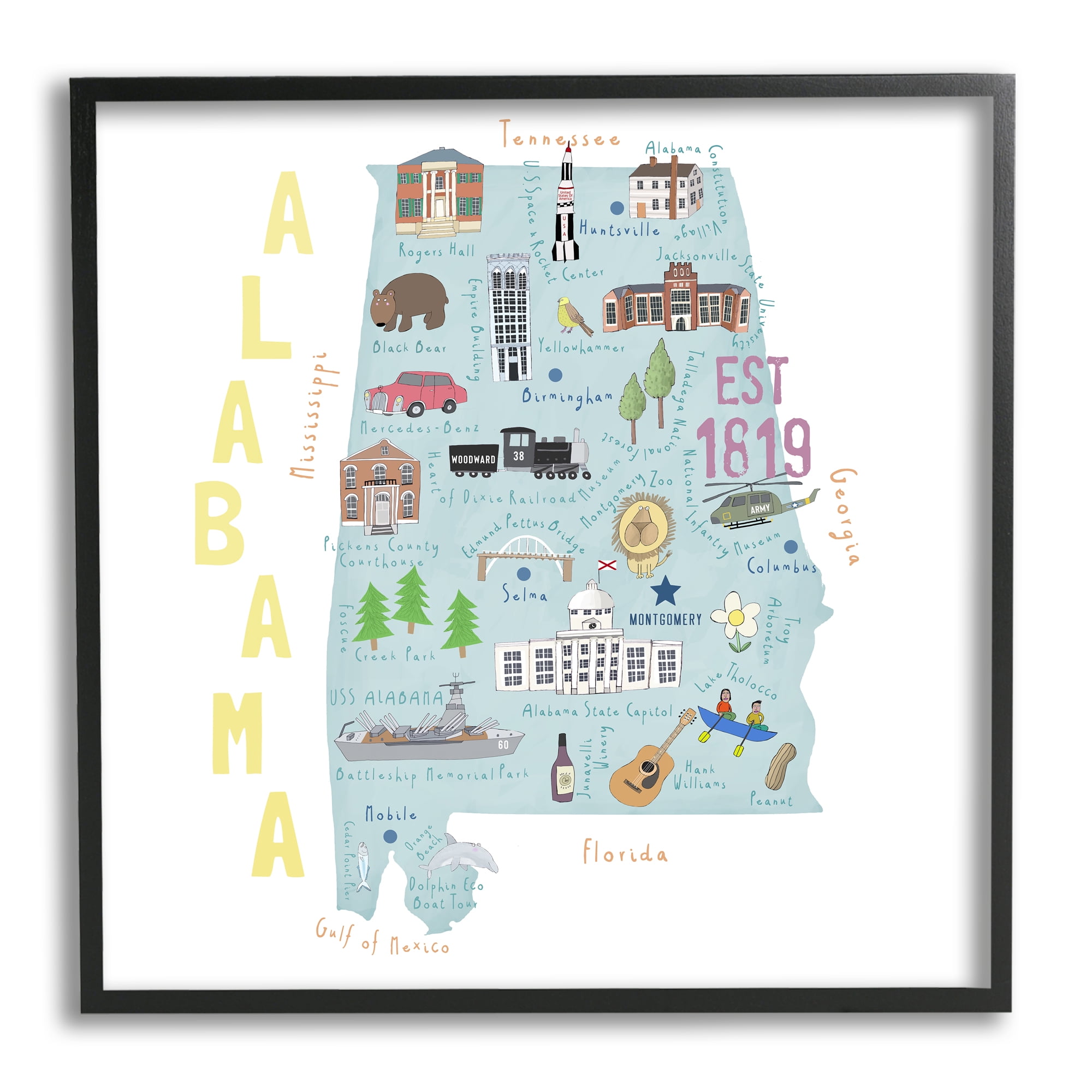 Stupell Industries Alabama Landmark Map USA Travel & Places Painting Black Framed Art Print Wall Art