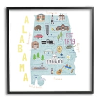 Stupell Industries Alabama Landmark Map USA Travel & Places Painting Black Framed Art Print Wall Art