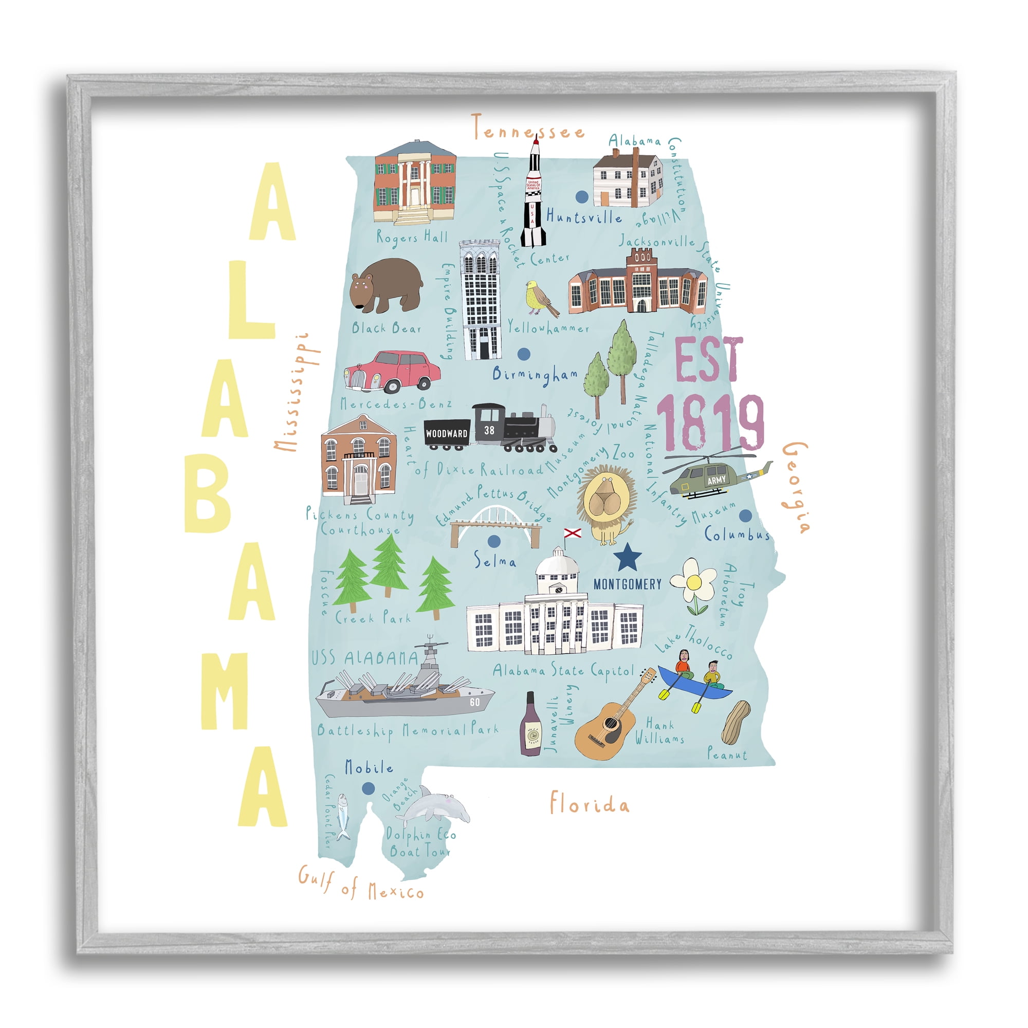 Stupell Industries Alabama Landmark Map USA Travel & Places Painting Gray Framed Art Print Wall Art