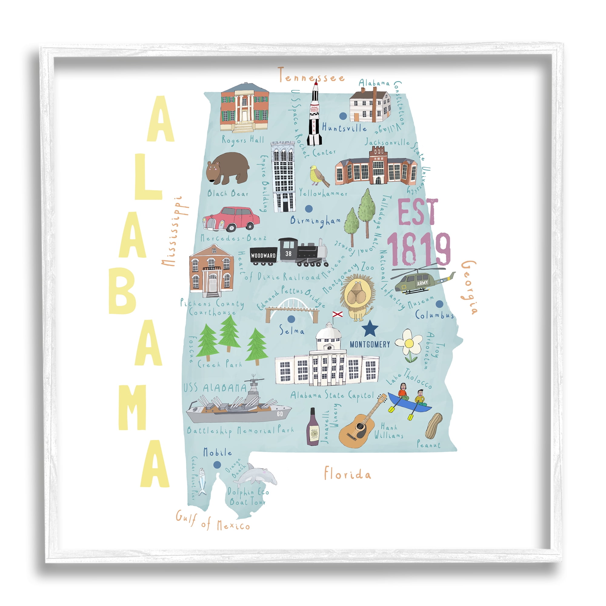 Stupell Industries Alabama Landmark Map USA Travel & Places Painting White Framed Art Print Wall Art