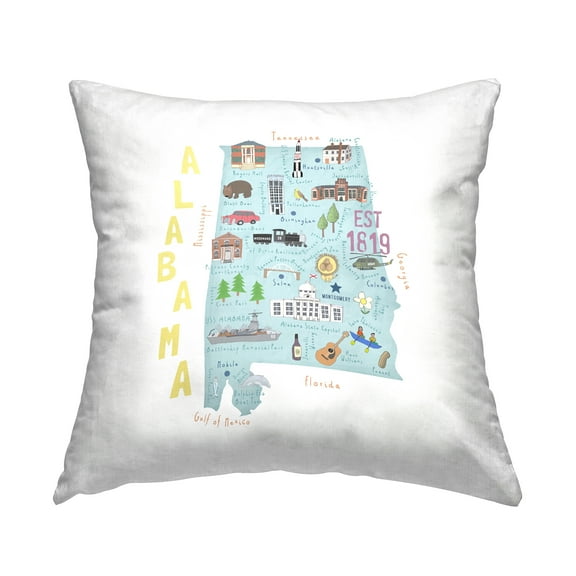 Stupell Industries Alabama Landmarks Map USA State Square Decorative Printed Throw Pillow, 18 x 18,