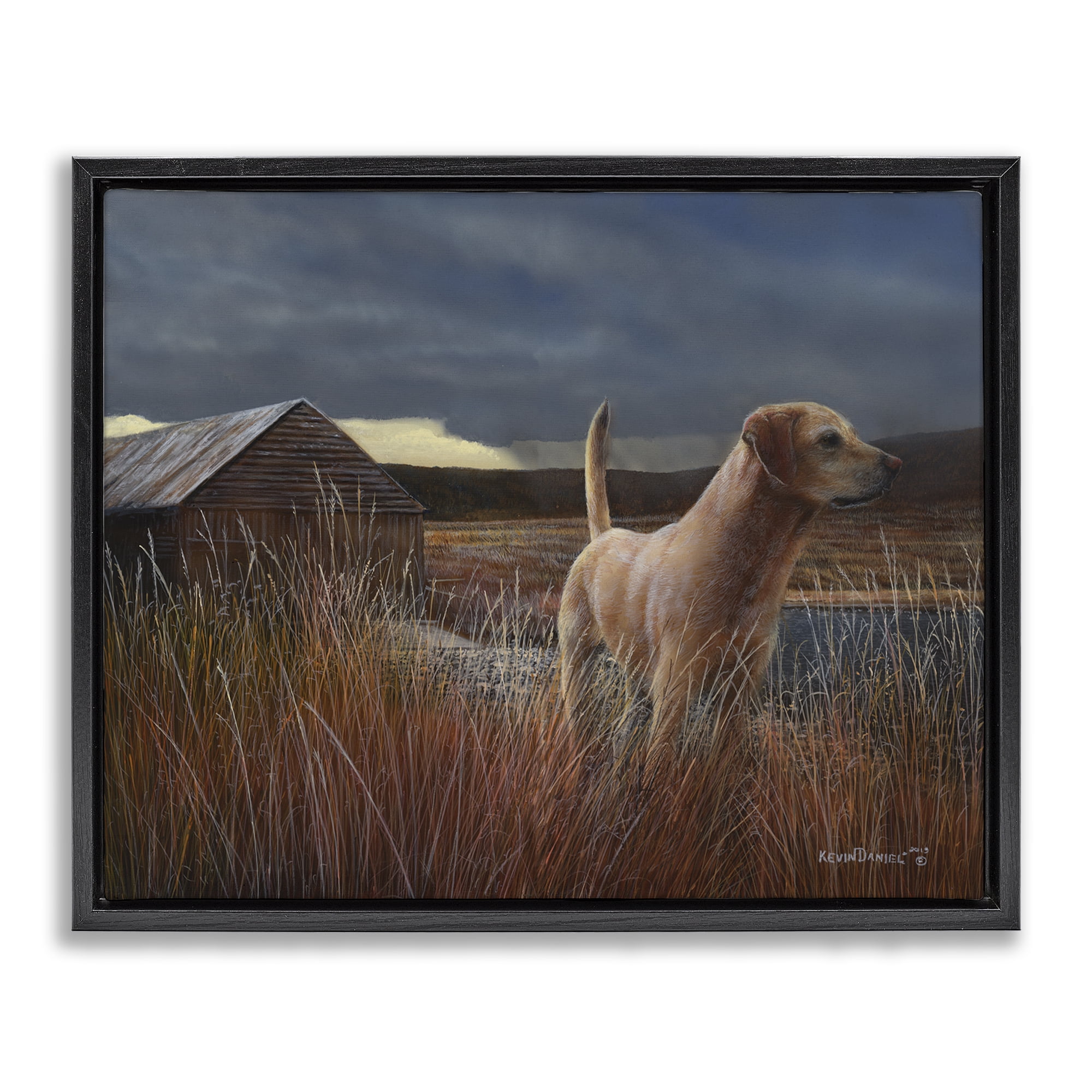 Stupell Industries Alert Dog by Cabin Landscape & Nature Painting Black Floater Framed Canvas Art Print Wall Art, 31 x 25