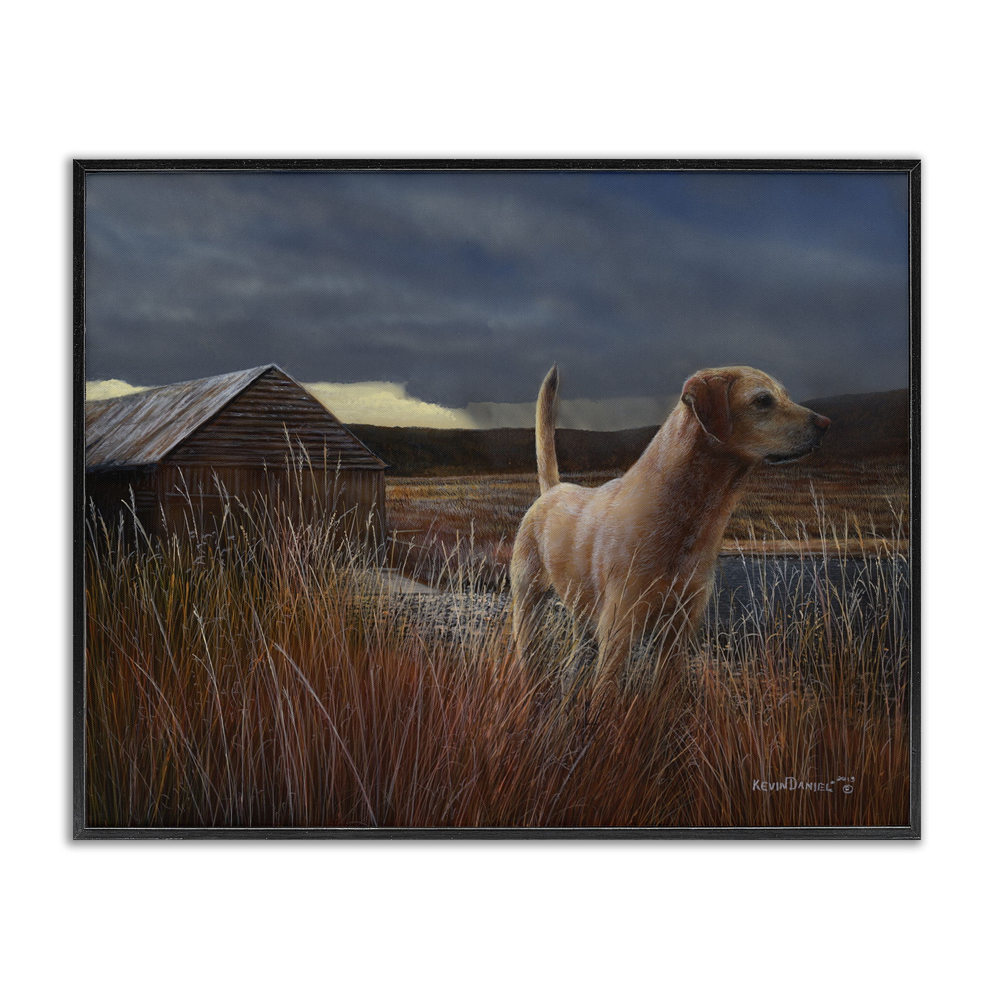 Stupell Industries Alert Dog by Cabin Landscape & Nature Painting Black Framed Art Print Wall Art, 14 x 11