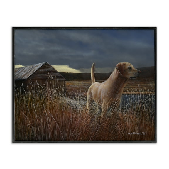Stupell Industries Alert Dog by Cabin Landscape & Nature Painting Black Framed Art Print Wall Art, 14 x 11