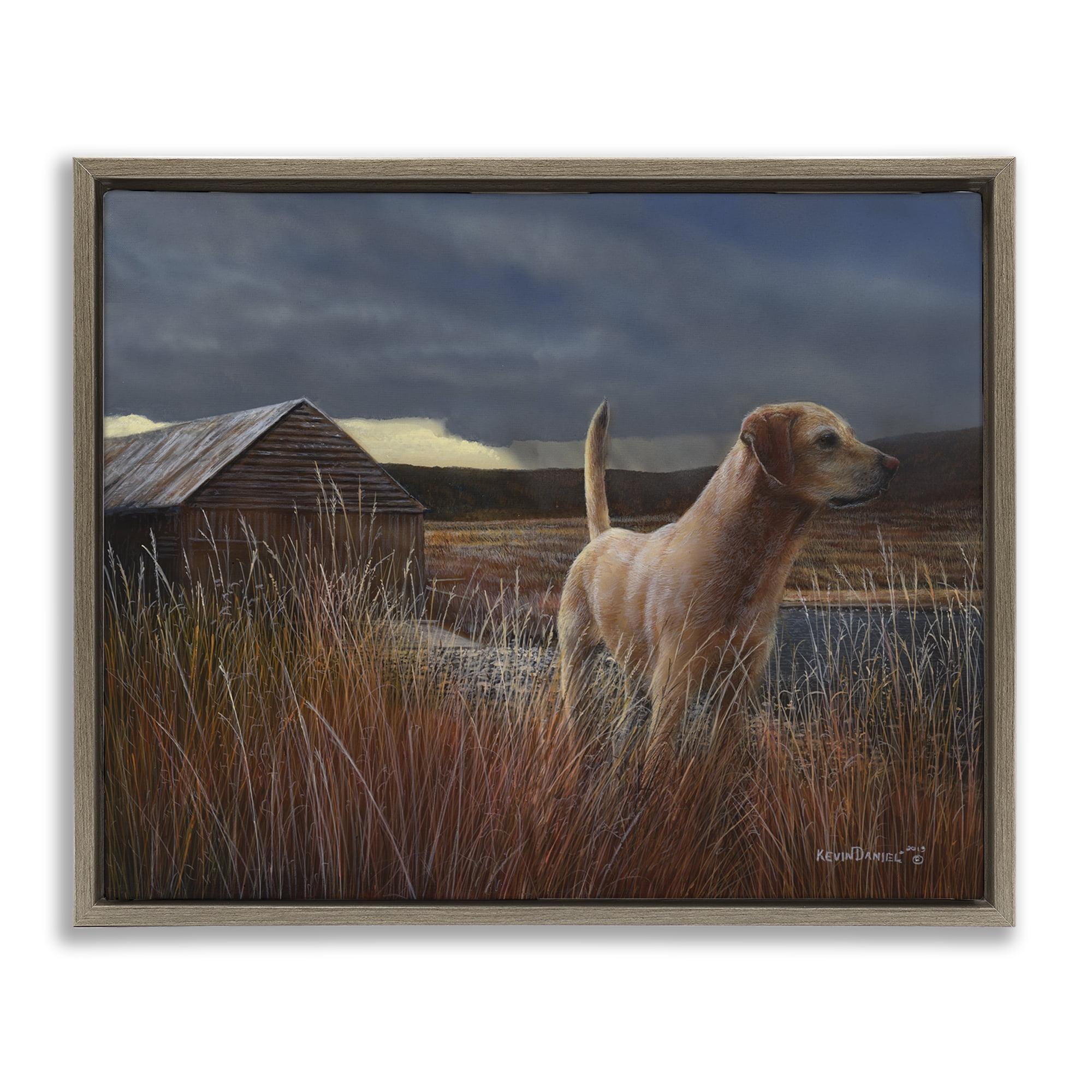 Stupell Industries Alert Dog by Cabin Landscape & Nature Painting Brown Floater Framed Canvas Art Print Wall Art, 31 x 25