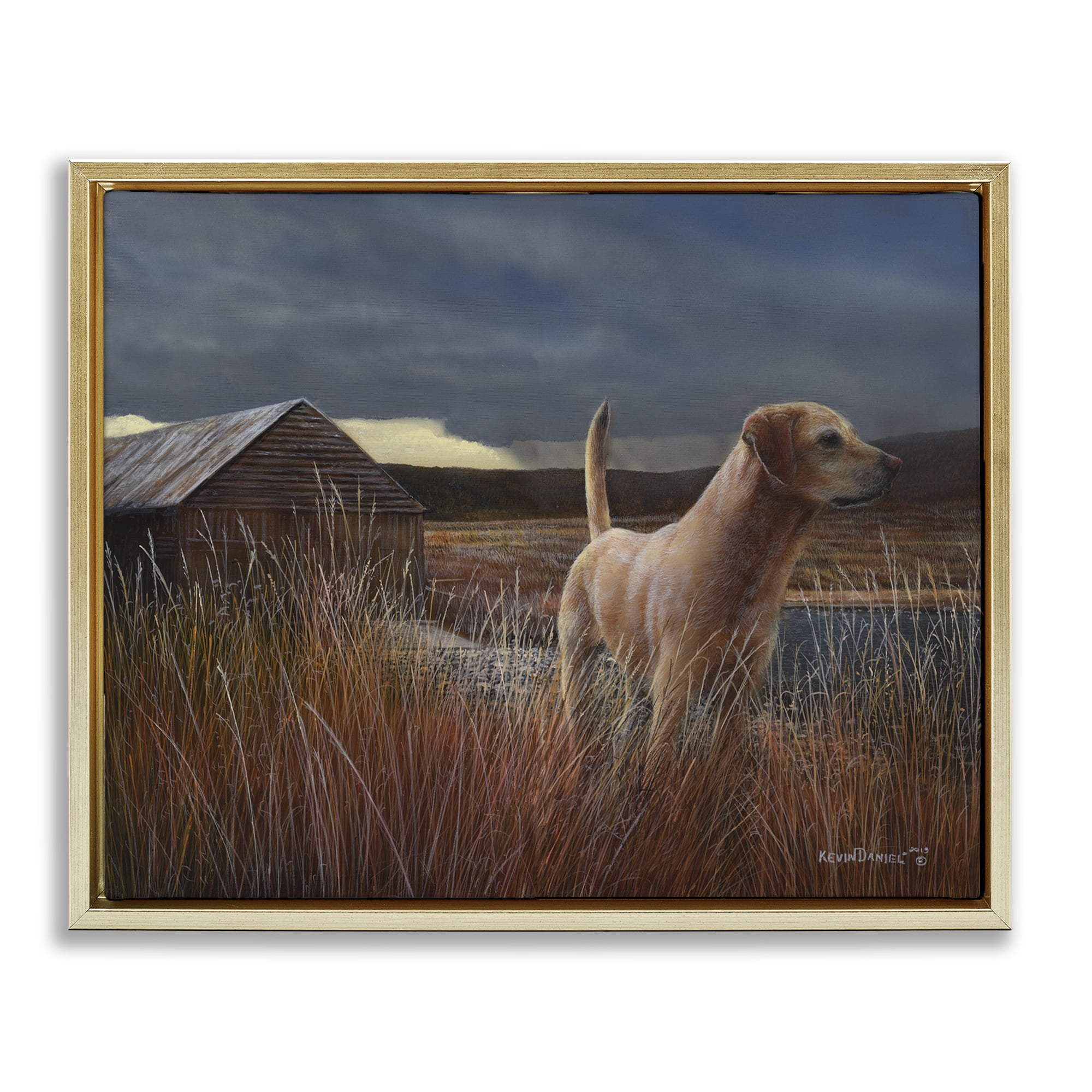 Stupell Industries Alert Dog by Cabin Landscape & Nature Painting Gold Floater Framed Canvas Art Print Wall Art, 31 x 25