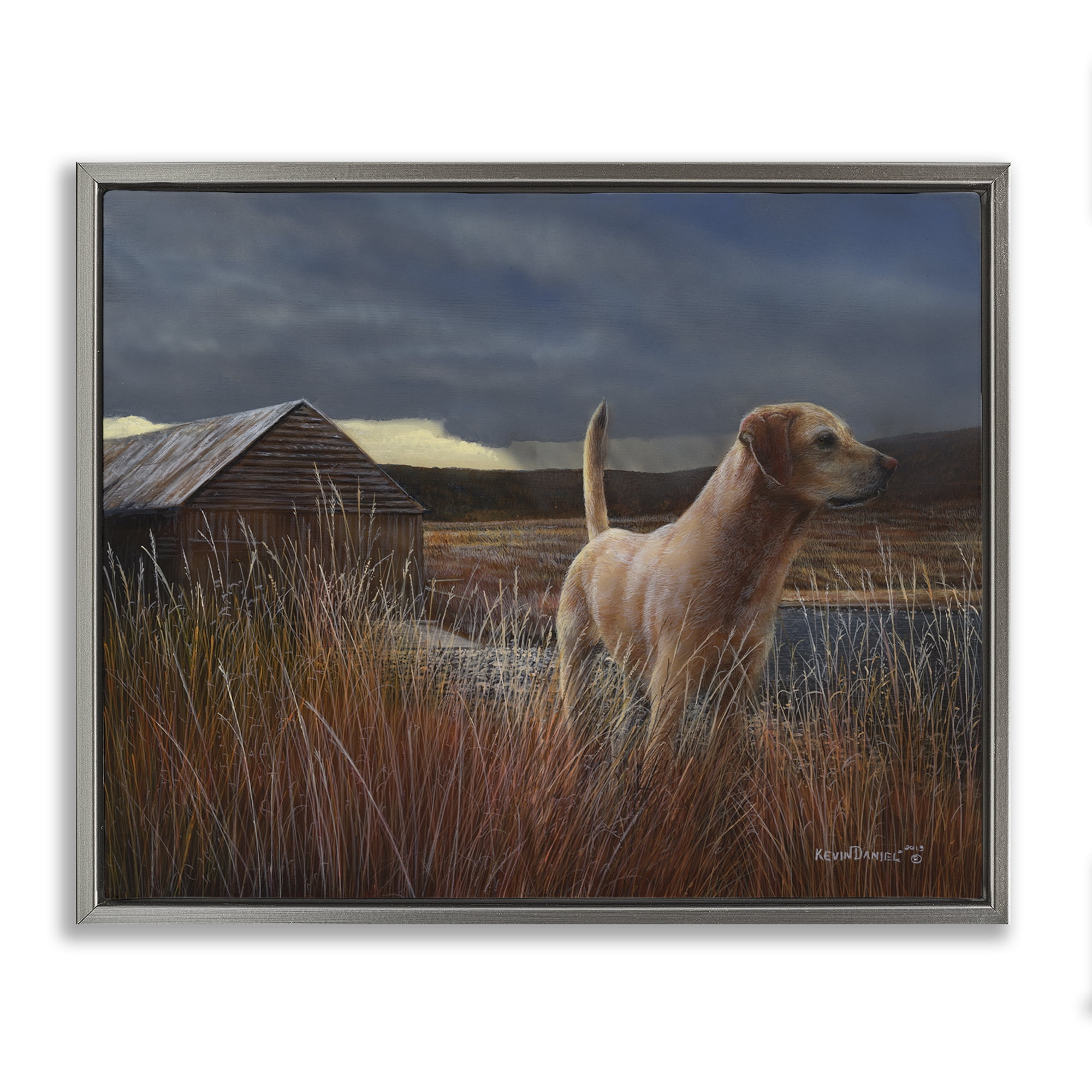 Stupell Industries Alert Dog by Cabin Landscape & Nature Painting Gray Floater Framed Canvas Art Print Wall Art, 21 x 17