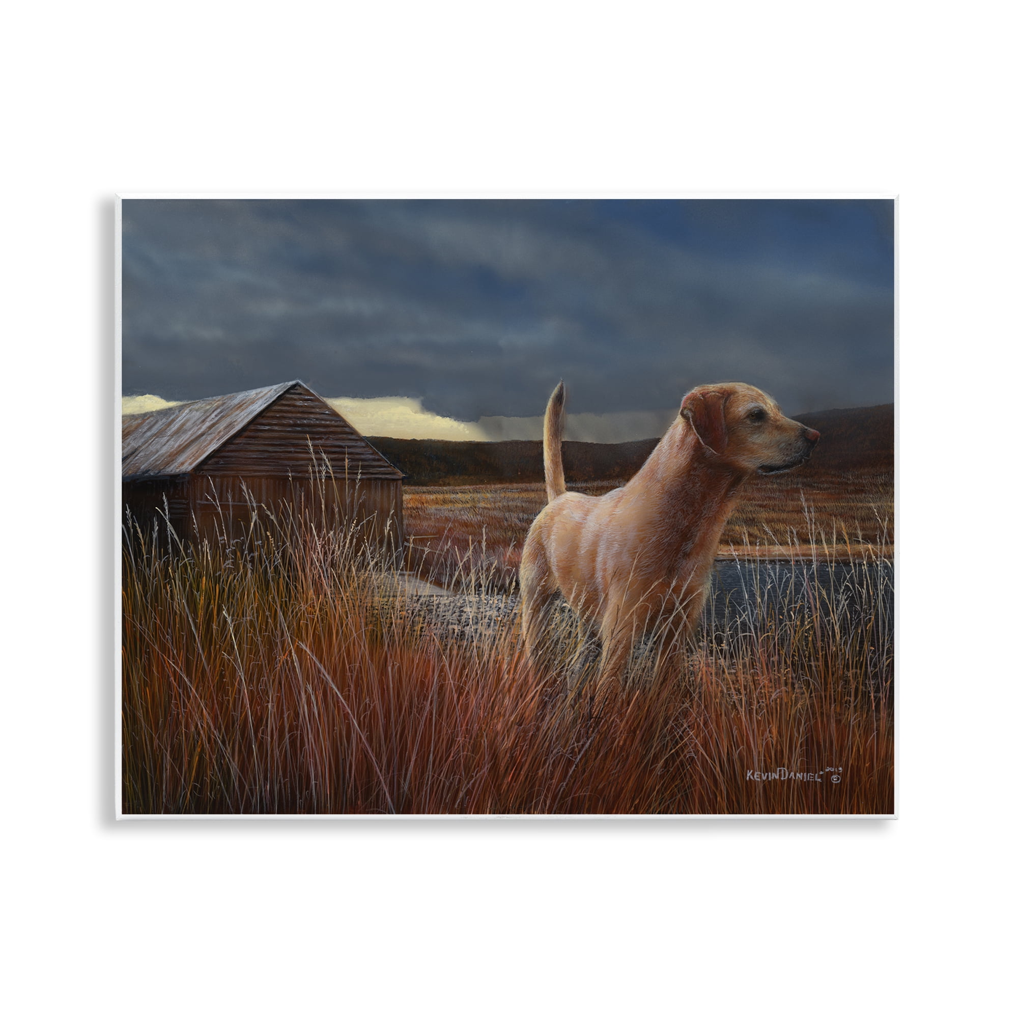 Stupell Industries Alert Dog by Cabin Landscape & Nature Painting Unframed Art Print Wall Art, 14 x 11