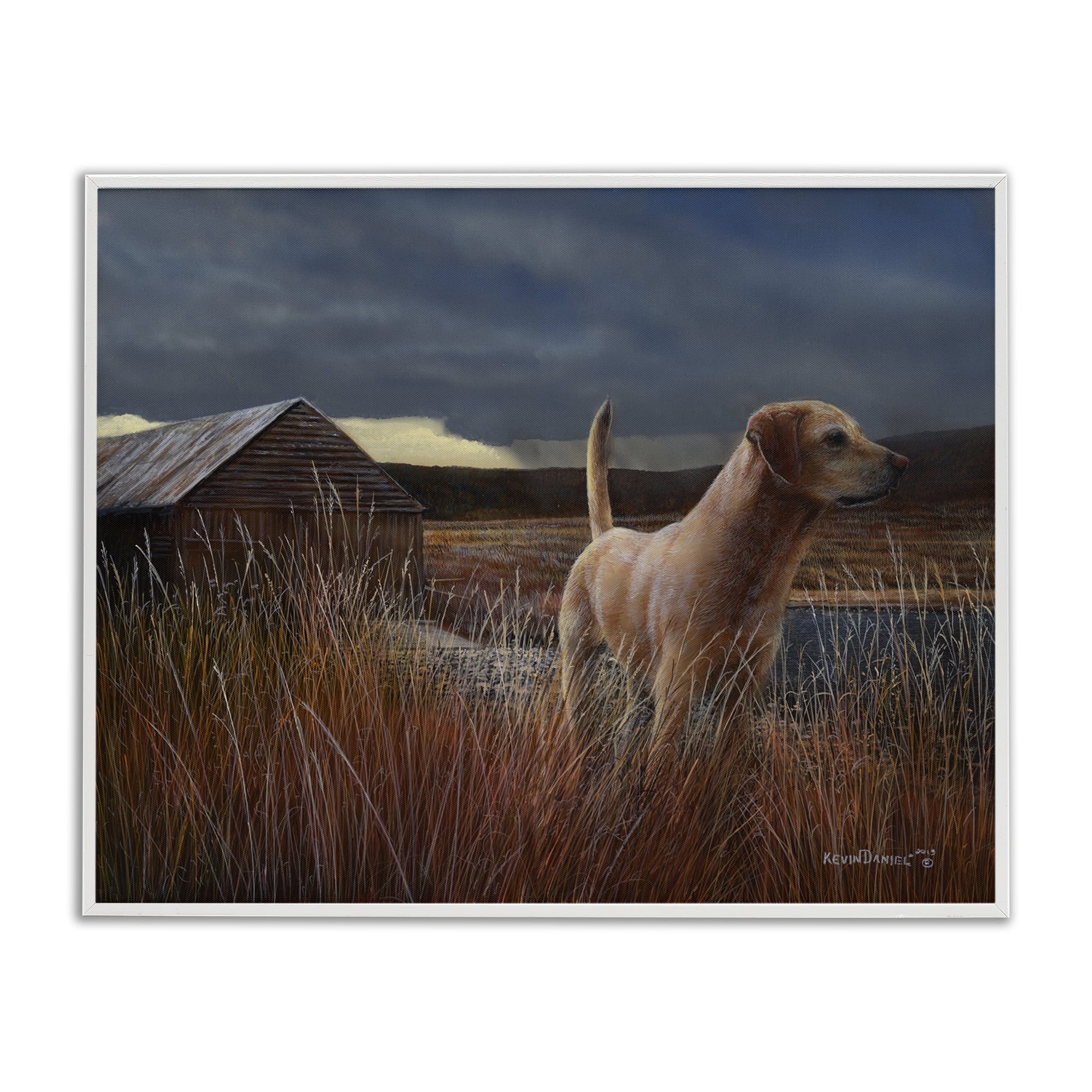 Stupell Industries Alert Dog by Cabin Landscape & Nature Painting White Framed Art Print Wall Art, 30 x 24