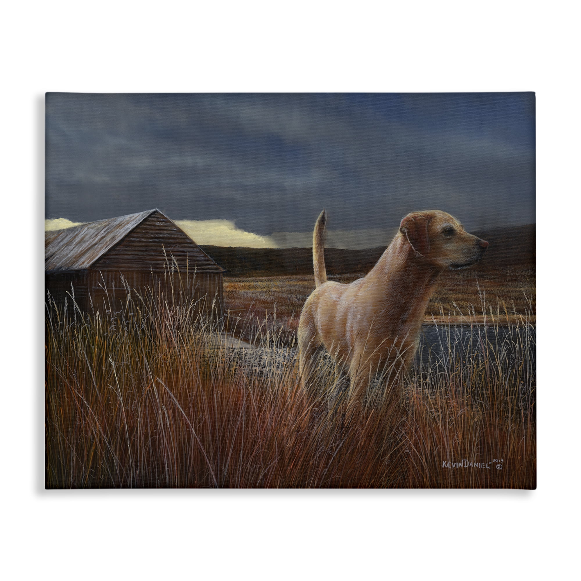 Stupell Industries Alert Dog by Cabin Landscape & Nature Painting Wrapped Canvas Art Print Wall Art, 48 x 36