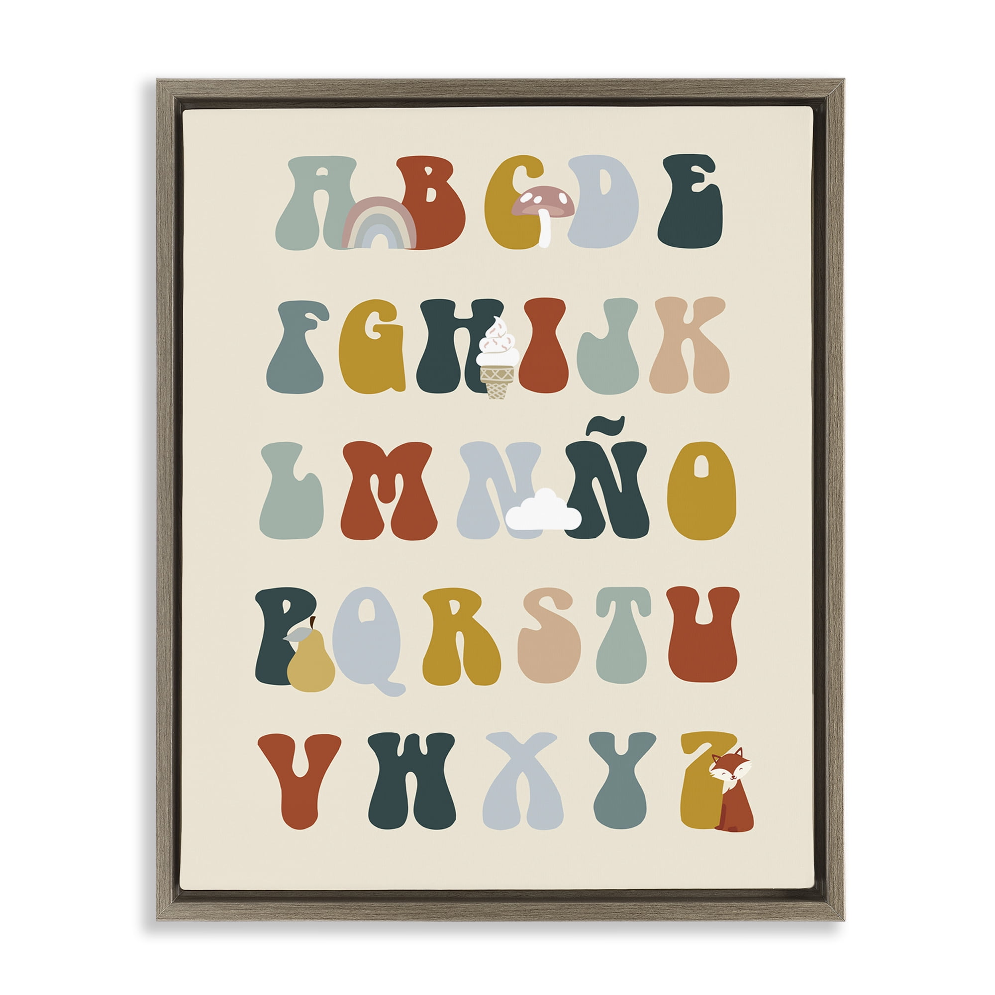Stupell Industries Alfabeto Ilustrado Infantil Retro Charts and Diagrams Painting Brown Floater Framed Art Print Wall Art, 25 x 31