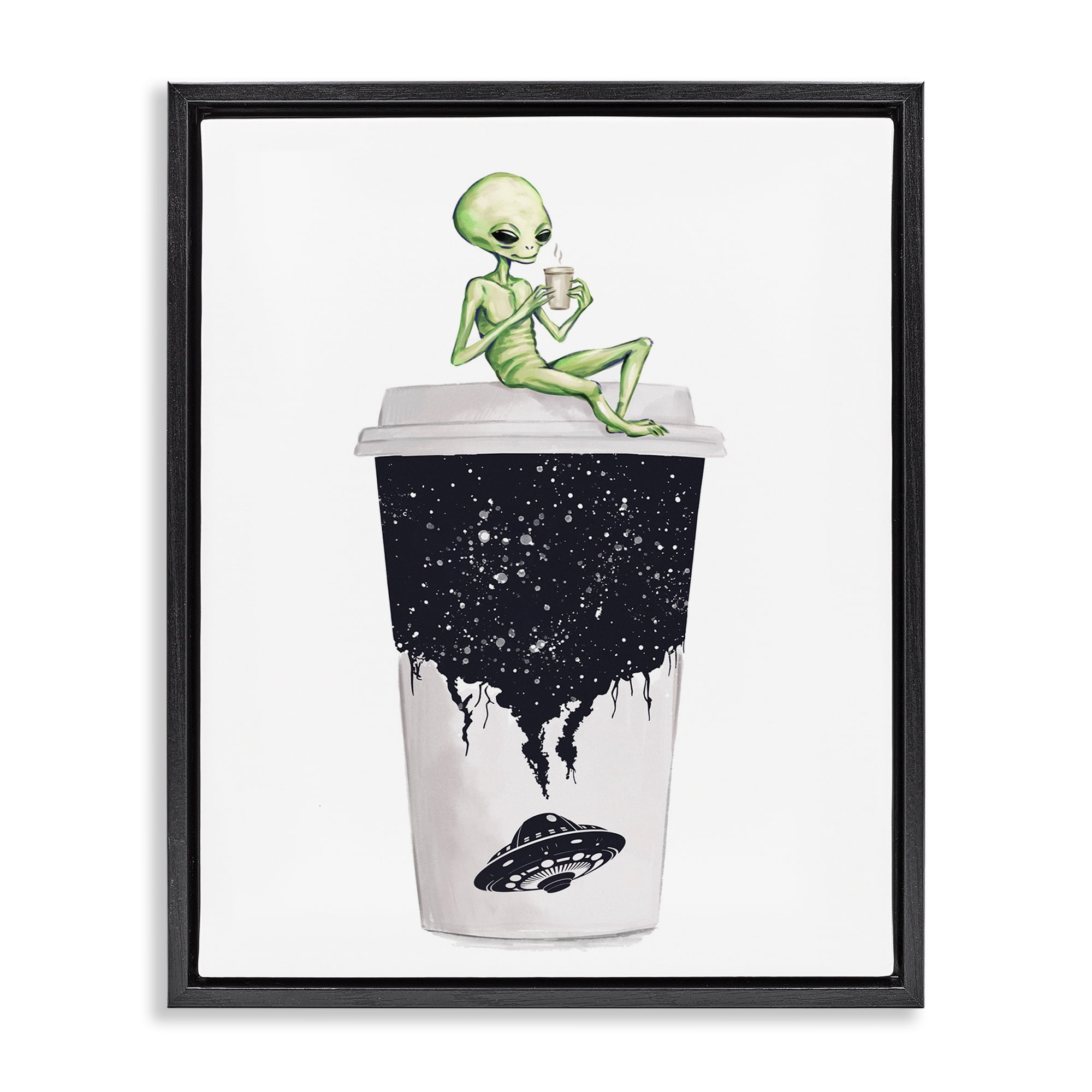 Stupell Industries Alien & Coffee Cup Novelty Painting Black Floater Framed Art Print Wall Art, 17 x 21