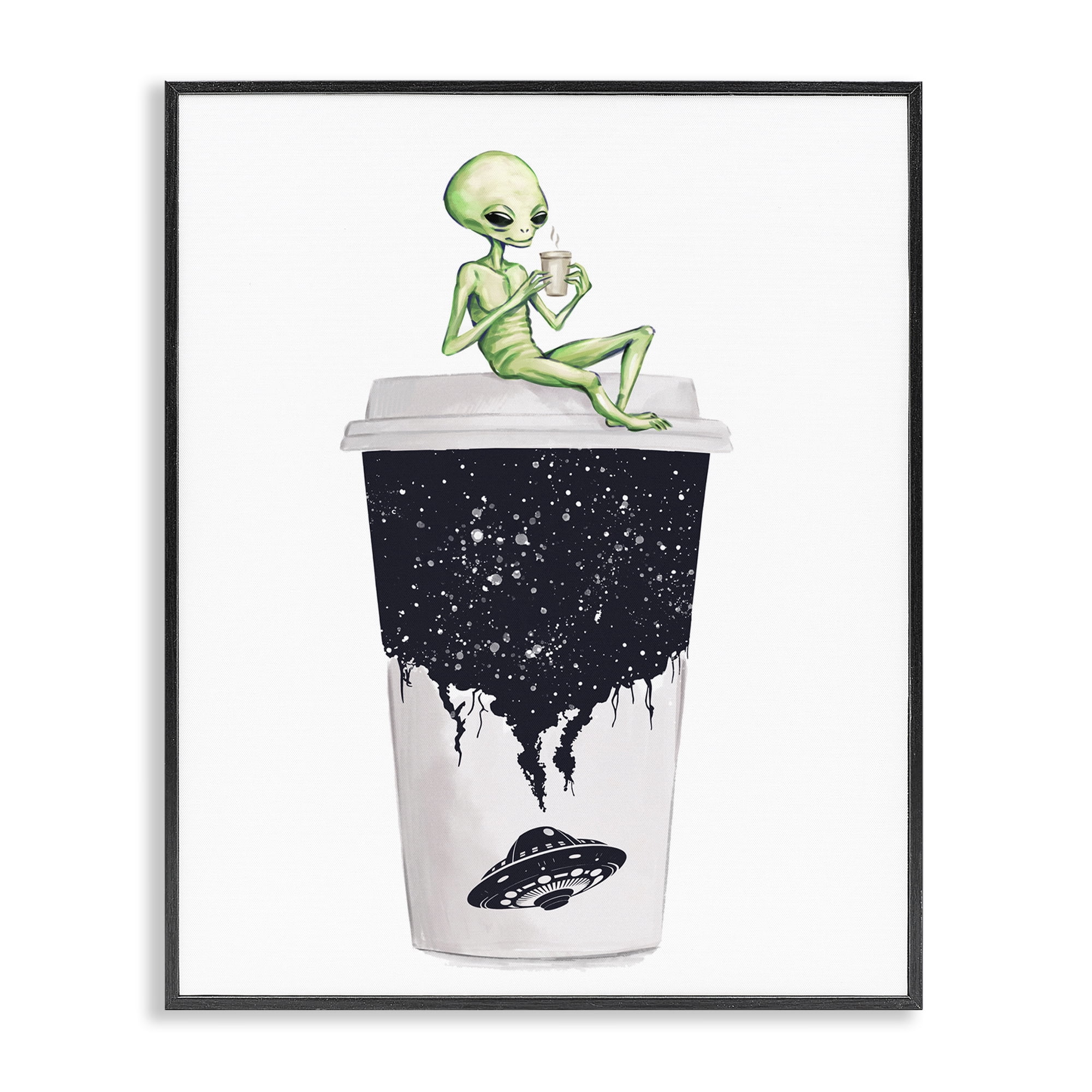 Stupell Industries Alien & Coffee Cup Novelty Painting Black Framed Art Print Wall Art, 11 x 14