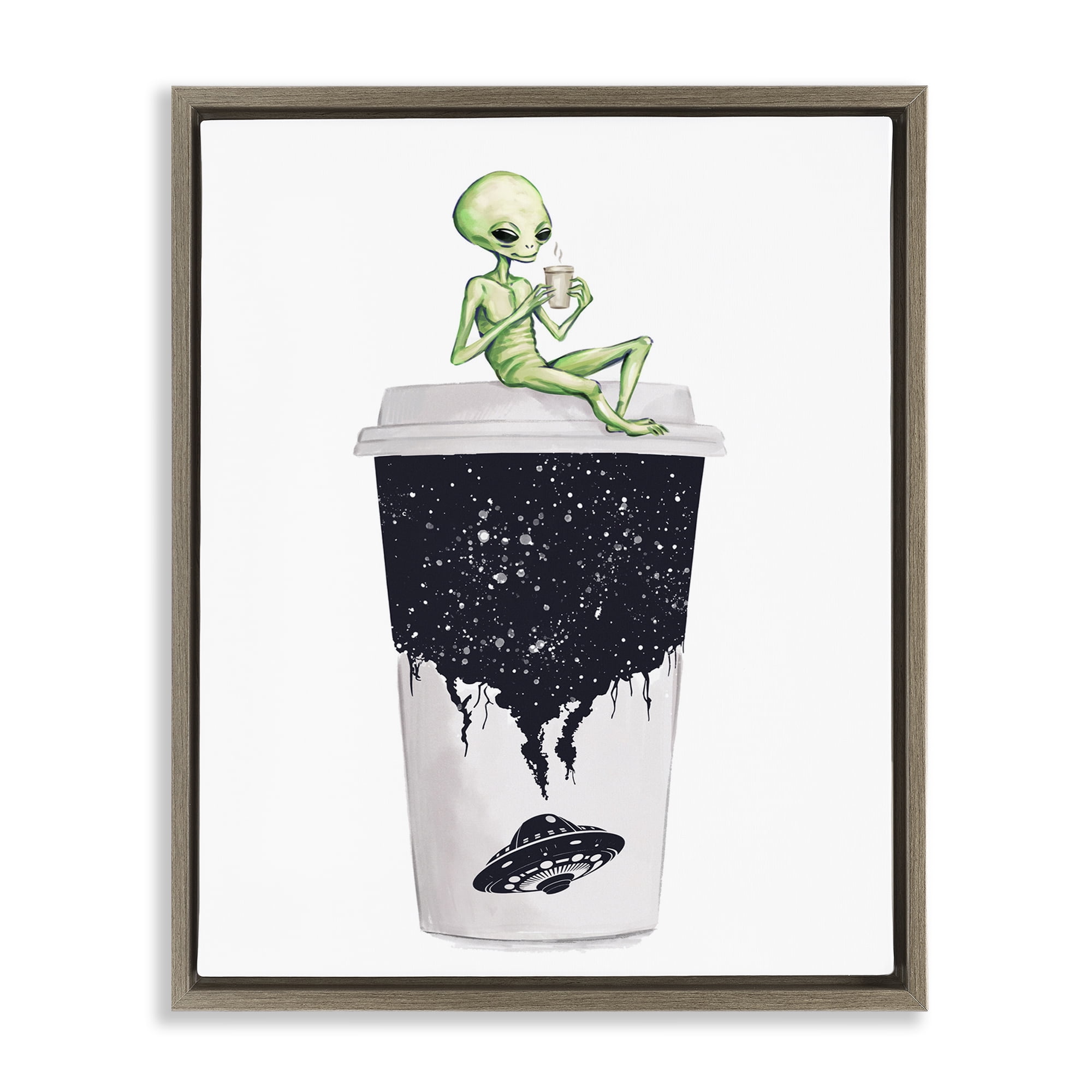 Stupell Industries Alien & Coffee Cup Novelty Painting Brown Floater Framed Art Print Wall Art, 17 x 21