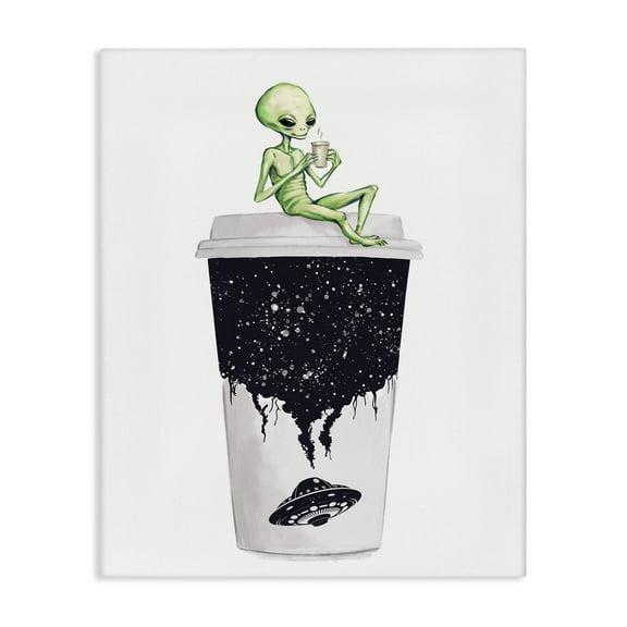 Stupell Industries Alien & Coffee Cup Novelty Painting Gallery Wrapped Canvas Art Print Wall Art, 16 x 20