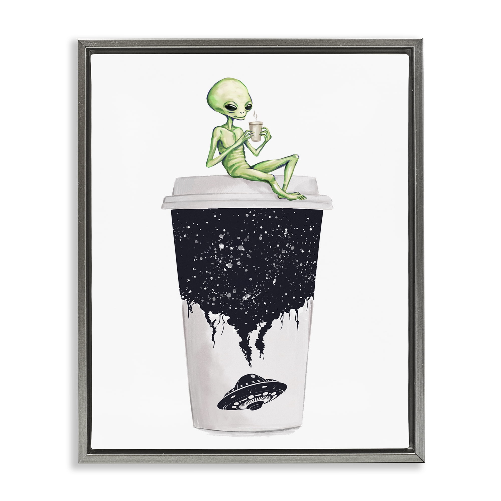 Stupell Industries Alien & Coffee Cup Novelty Painting Gray Floater Framed Art Print Wall Art, 25 x 31