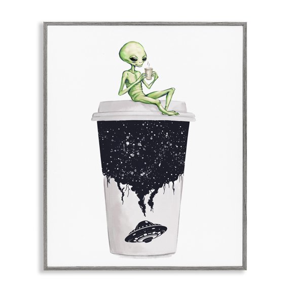 Stupell Industries Alien & Coffee Cup Novelty Painting Gray Framed Art Print Wall Art, 16 x 20