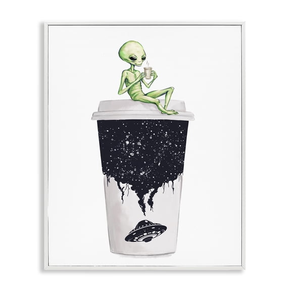 Stupell Industries Alien & Coffee Cup Novelty Painting White Framed Art Print Wall Art, 24 x 30