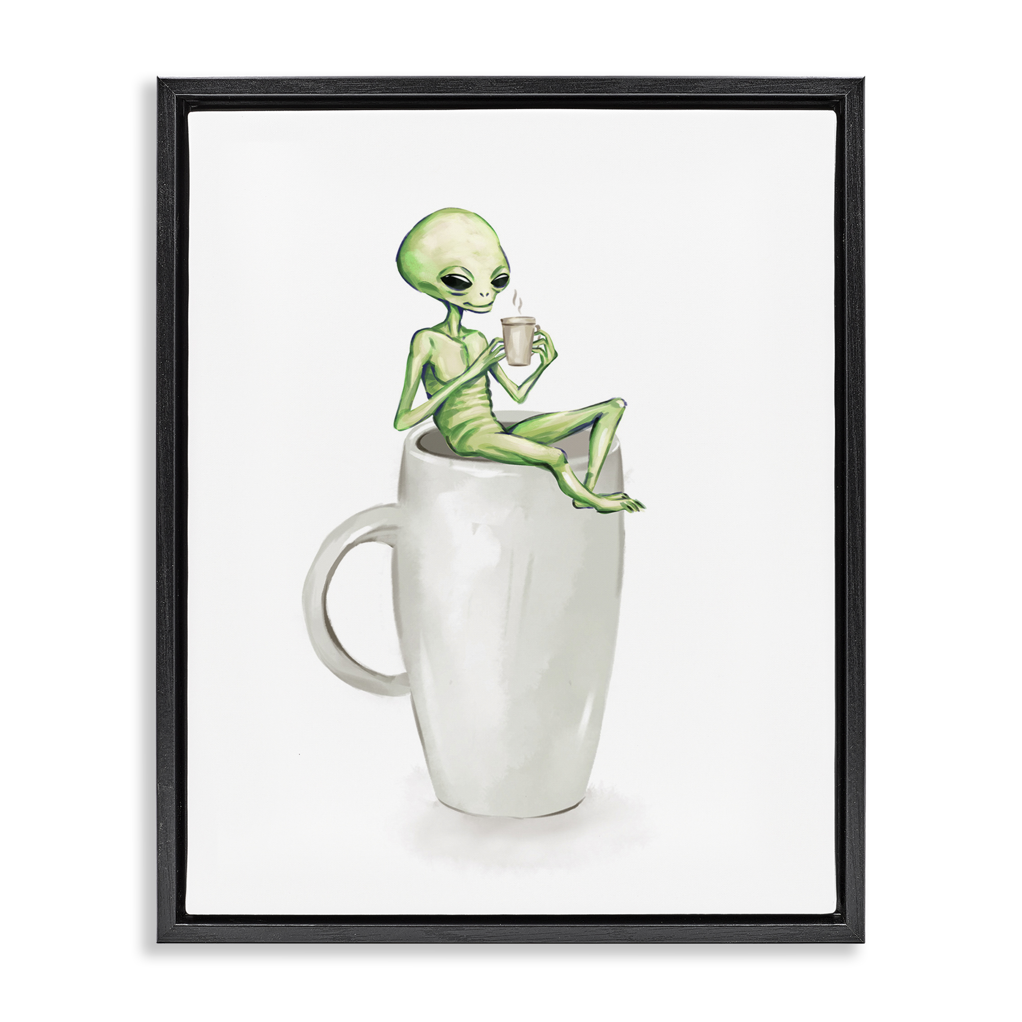 Stupell Industries Alien & Coffee Mug Food & Beverage Painting Black Floater Framed Art Print Wall Art, 25 x 31