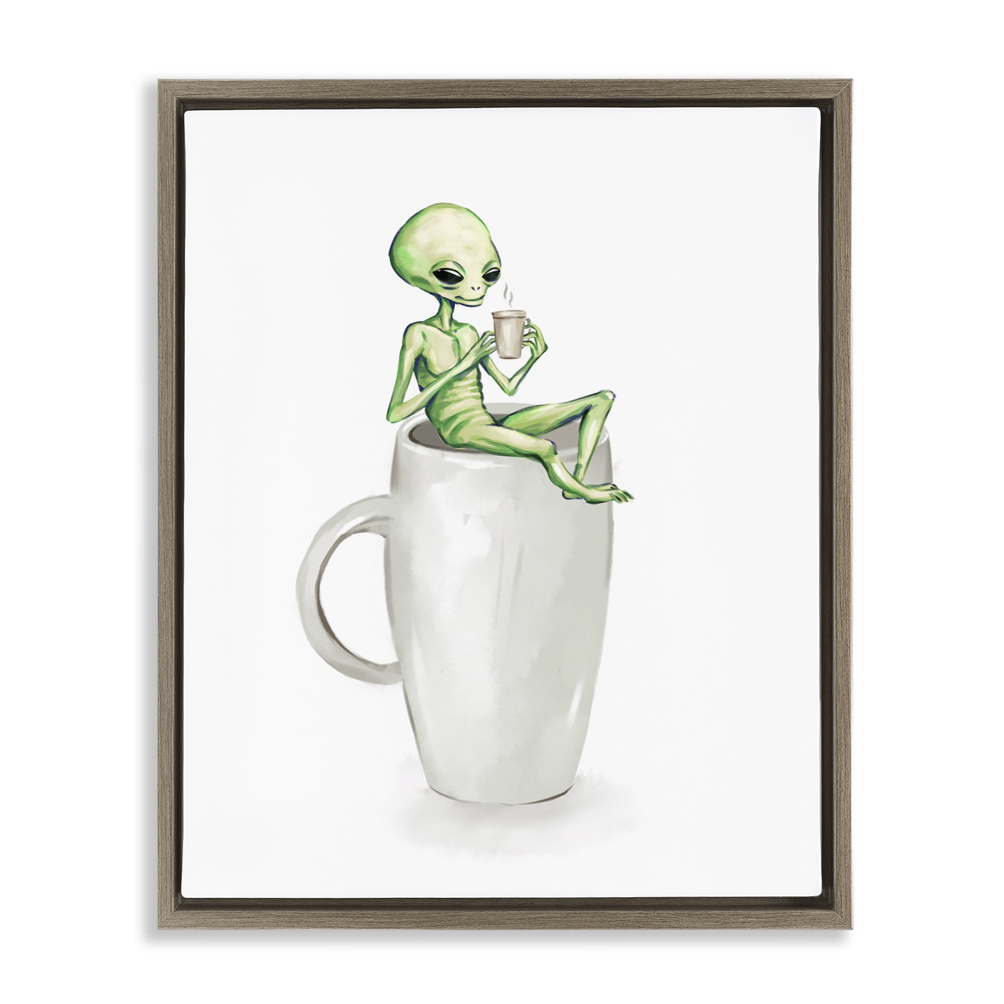 Stupell Industries Alien & Coffee Mug Food & Beverage Painting Brown Floater Framed Art Print Wall Art, 25 x 31