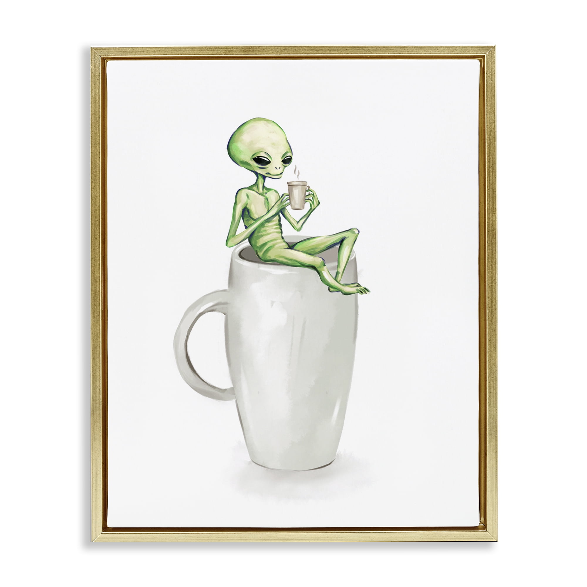 Stupell Industries Alien & Coffee Mug Food & Beverage Painting Gold Floater Framed Art Print Wall Art, 17 x 21