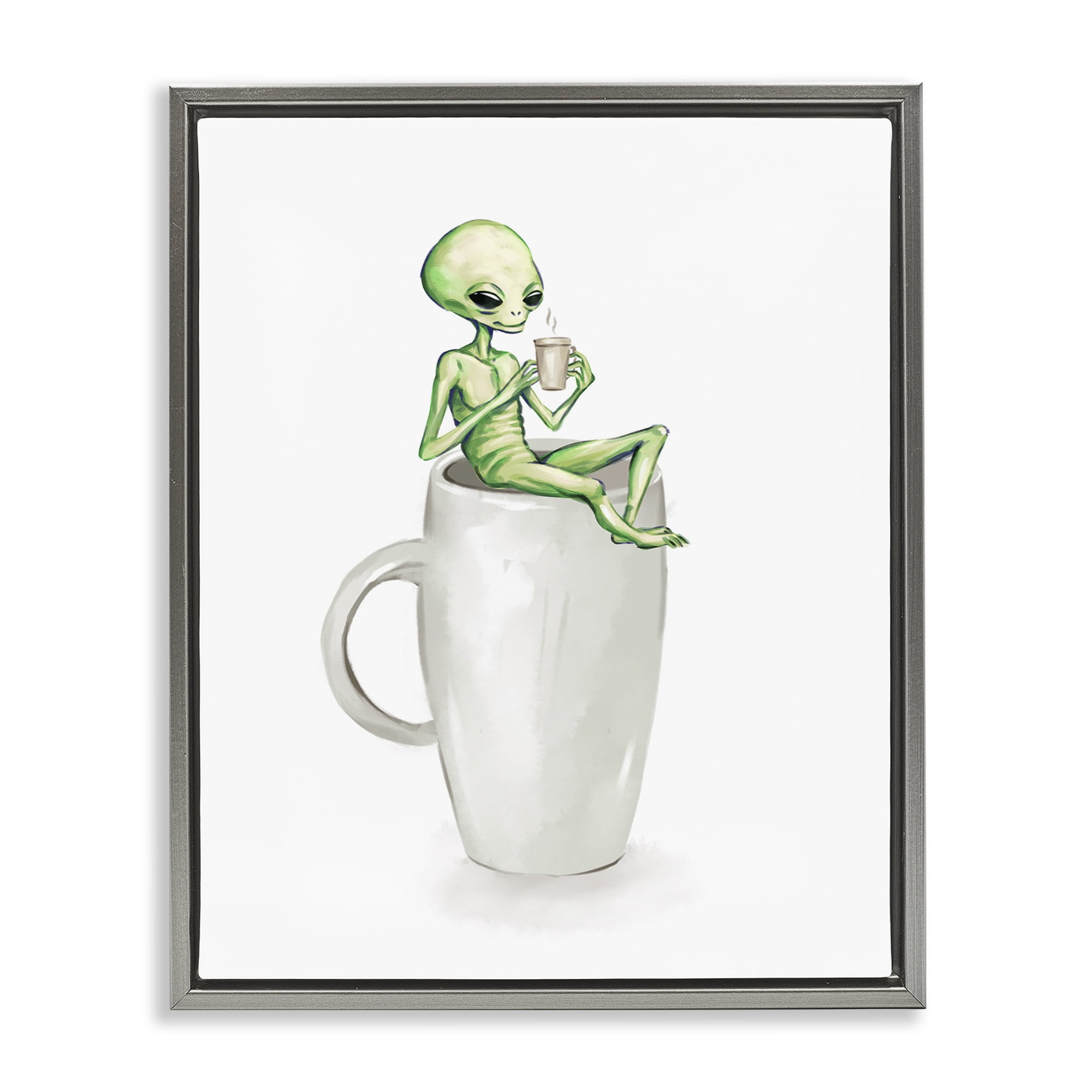 Stupell Industries Alien & Coffee Mug Food & Beverage Painting Gray Floater Framed Art Print Wall Art, 17 x 21