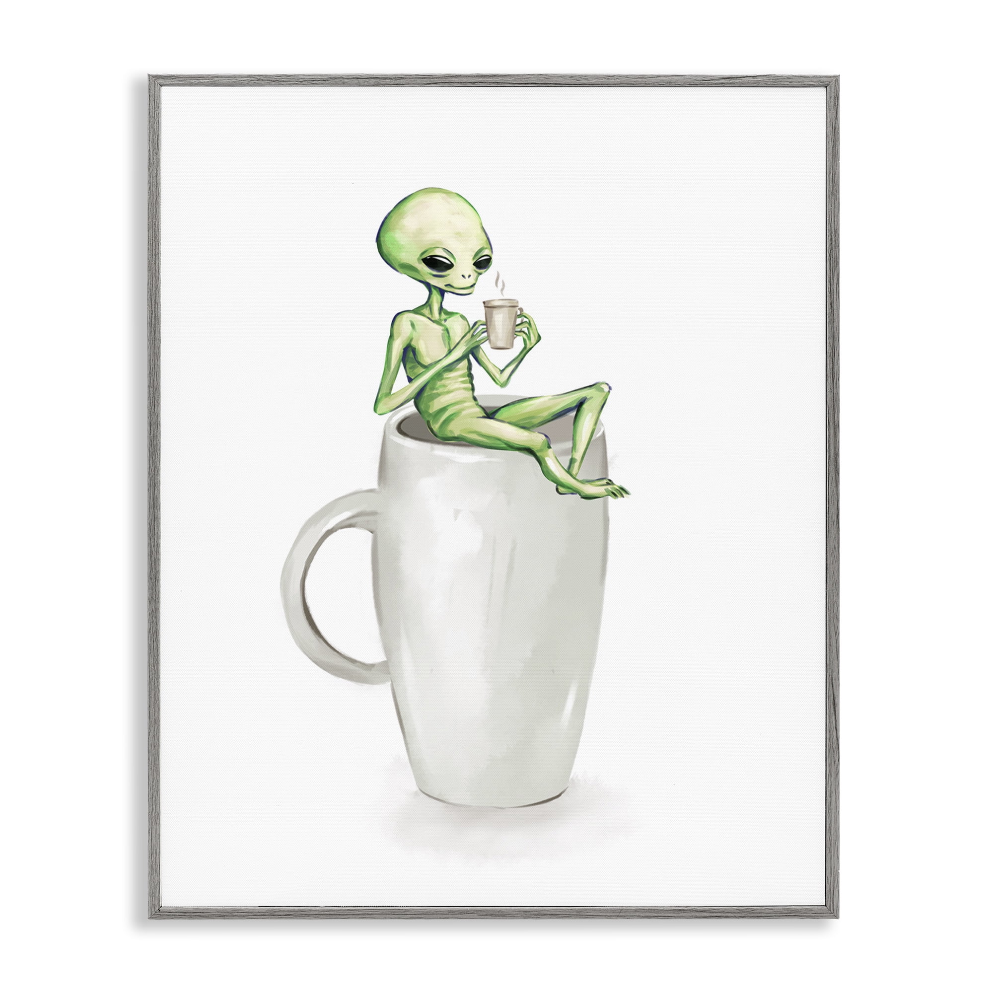 Stupell Industries Alien & Coffee Mug Food & Beverage Painting Gray Framed Art Print Wall Art, 24 x 30