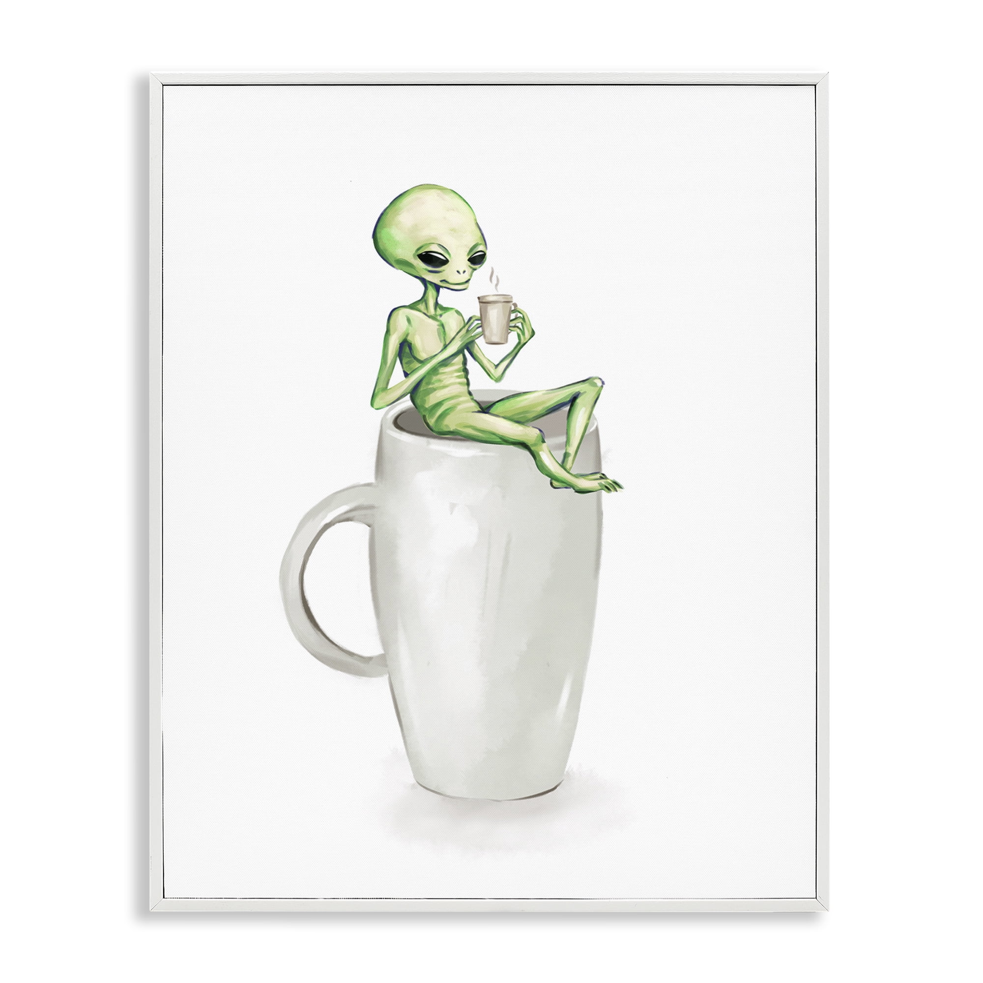 Stupell Industries Alien & Coffee Mug Food & Beverage Painting White Framed Art Print Wall Art, 11 x 14