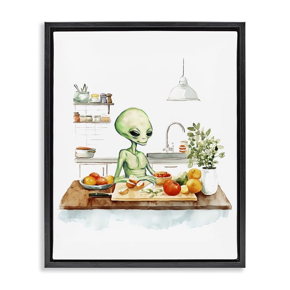 Stupell Industries Alien Cooking in Kitchen Fantasy & Sci-Fi Painting Black Floater Framed Canvas Art Print Wall Art, 17 x 21