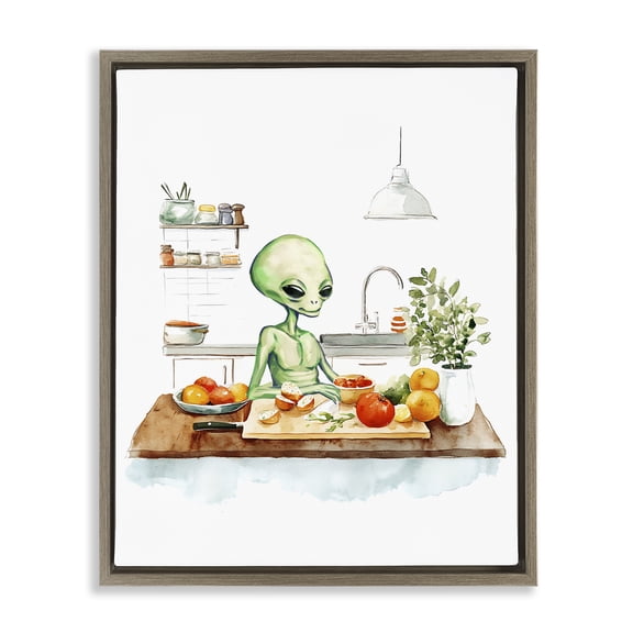 Stupell Industries Alien Cooking in Kitchen Fantasy & Sci-Fi Painting Brown Floater Framed Canvas Art Print Wall Art, 17 x 21