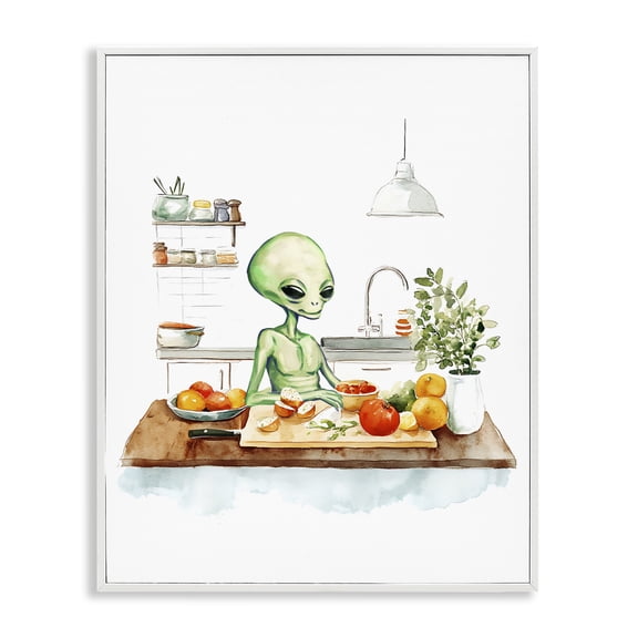 Stupell Industries Alien Cooking in Kitchen Fantasy & Sci-Fi Painting White Framed Art Print Wall Art, 11 x 14