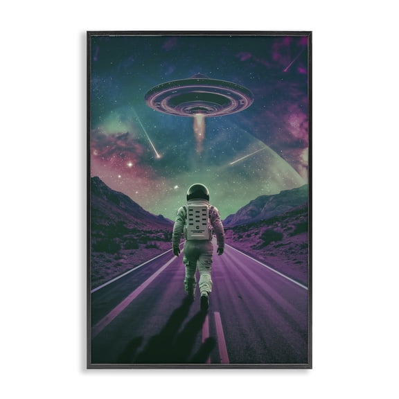 Stupell Industries Alien Spaceship over Astronaut Fantasy & Sci-Fi Painting Black Framed Art Print Wall Art, 12 x 18