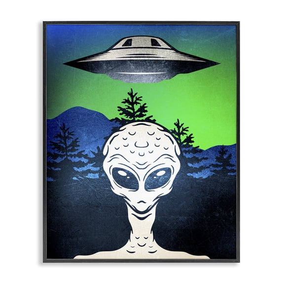Stupell Industries Alien and UFO Scene Fantasy & Sci-Fi Painting Black Framed Art Print Wall Art, 24 x 30