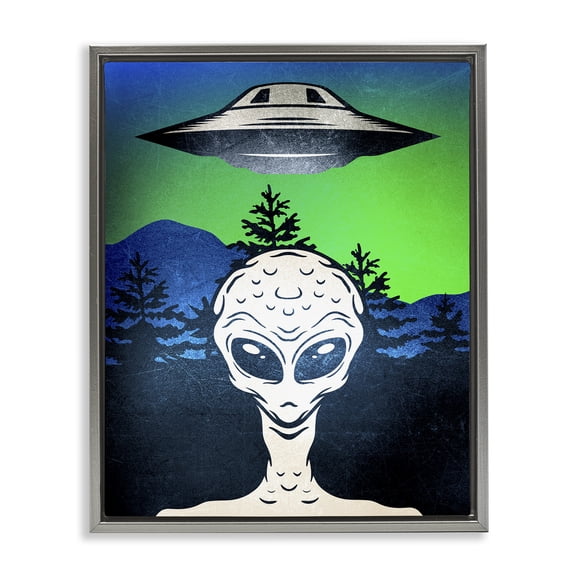 Stupell Industries Alien and UFO Scene Fantasy & Sci-Fi Painting Gray Floater Framed Canvas Art Print Wall Art, 17 x 21