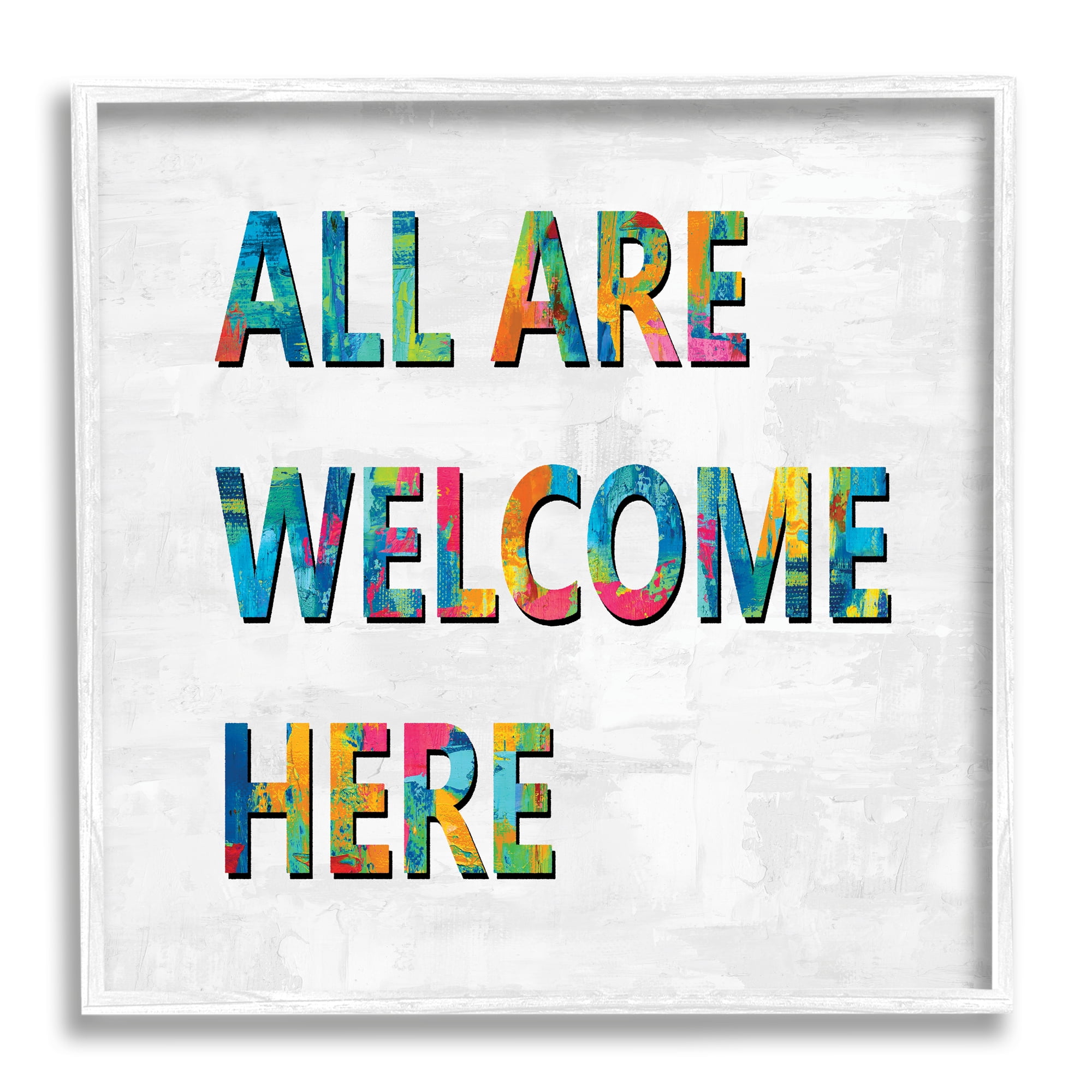 Stupell Industries All Are Welcome Here Phrase Fun Bold Typography Modern Painting White Framed Art Print Wall Art, 12 x 12, Design by Jamie MacDowell