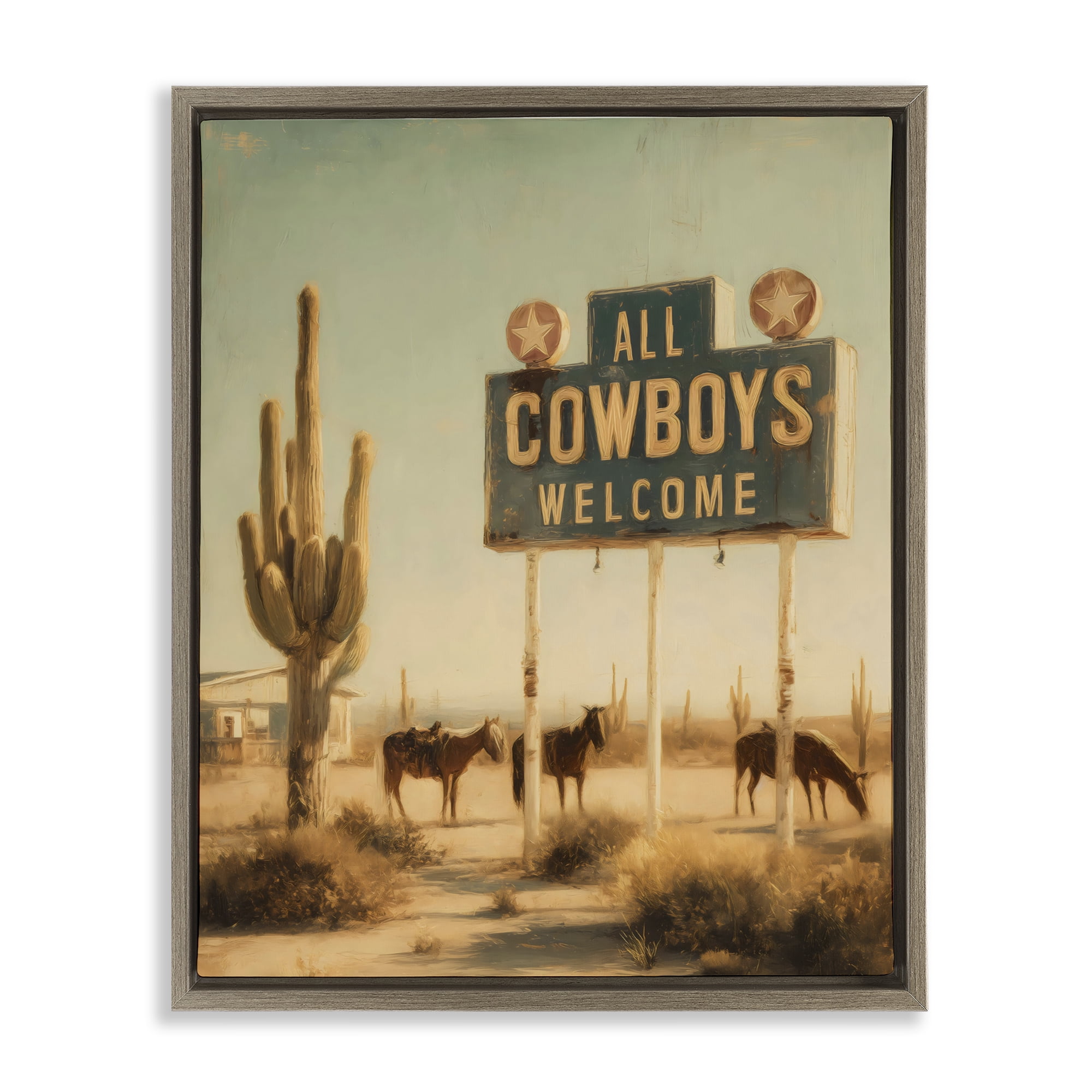 Stupell Industries All Cowboys Welcome Desert Brown Framed Floater Canvas Wall Art, design by Arlington Prints