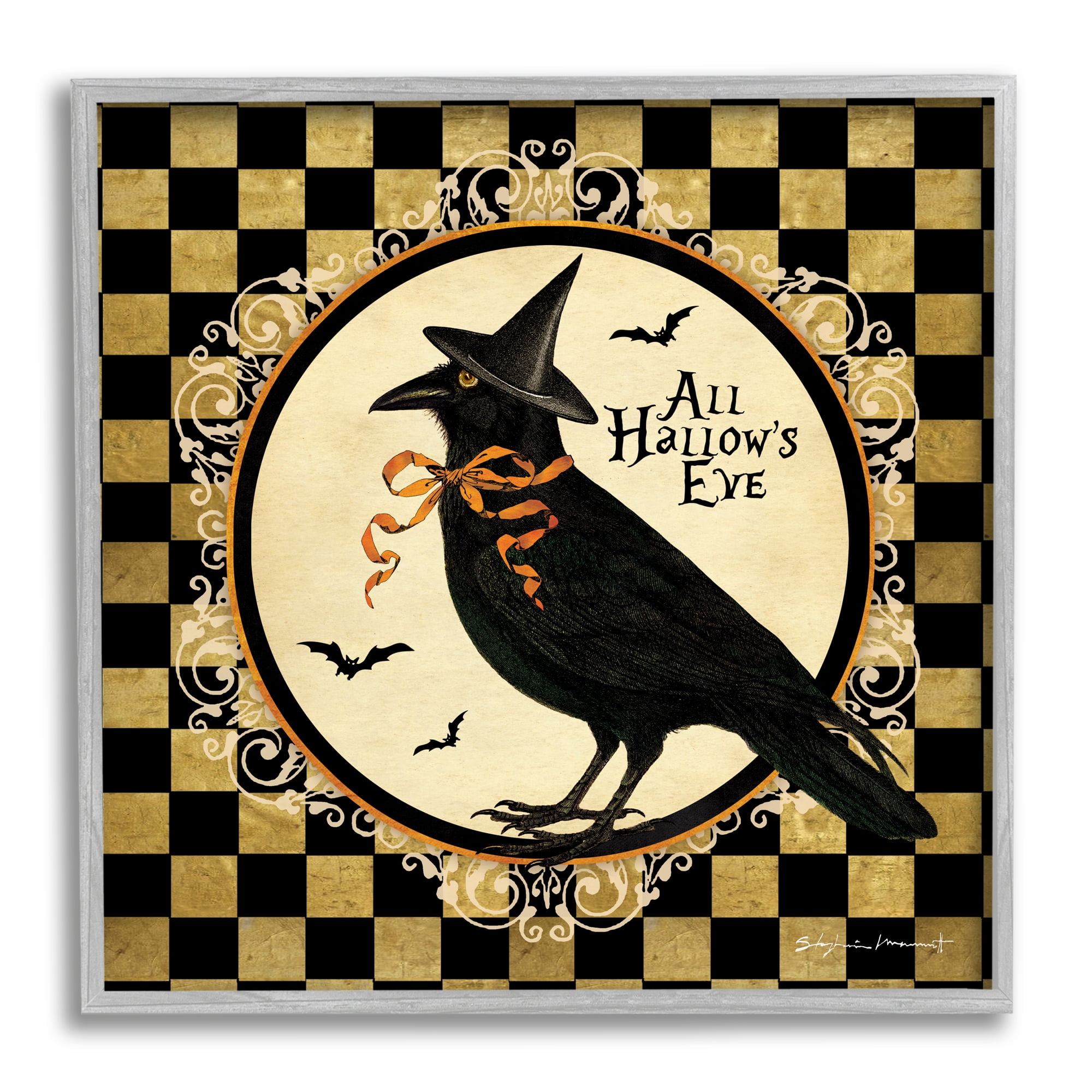 Stupell Industries All Hallow's Eve Halloween Crow Holiday Painting Gray Framed Art Print Wall Art