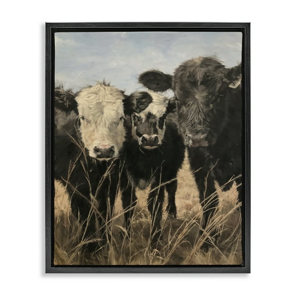 Stupell Industries All In Cow Family Animals Painting Black Floater Framed Canvas Art Print Wall Art, 17 x 21